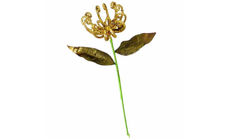 Diva At Home 12" Gold and Green Glitter Drenched Floral Design Christmas Pick