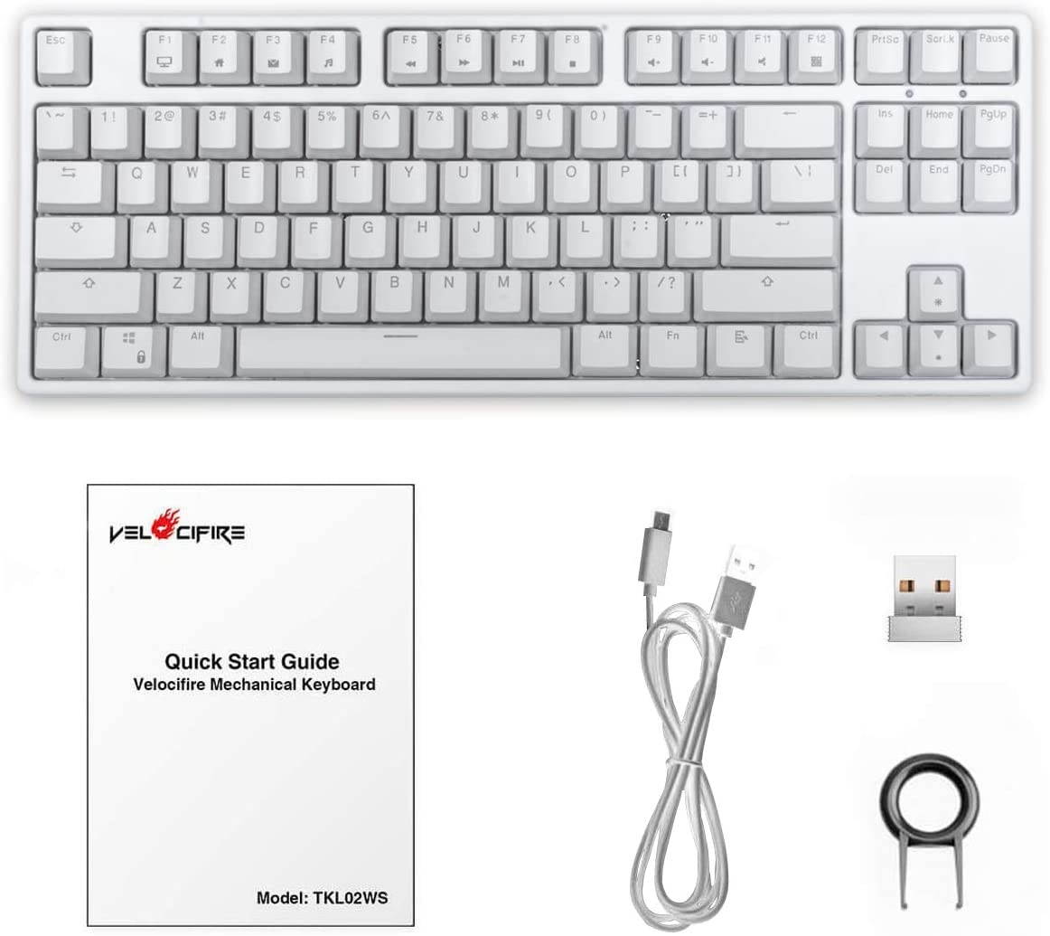 VELOCIFIRE TKL02 Wireless Plugable Mechanical Keyboard 87 Key Tenkeyless Ergonomic with Low Profile Quiet Brown Switches, and White LED Backlit for Copywriters, Typists, and Programmers