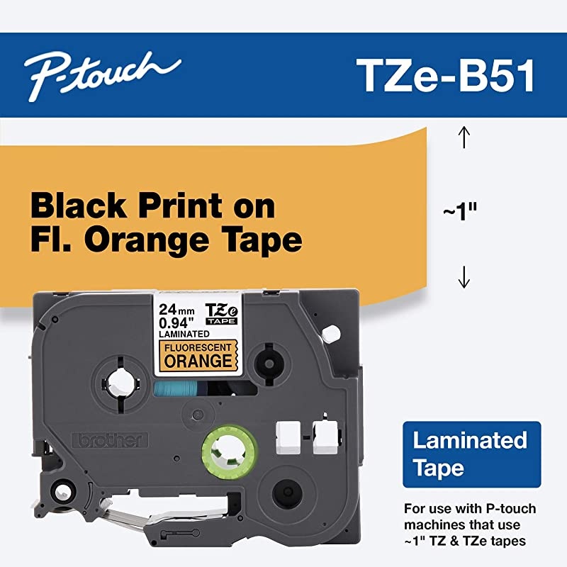 Genuine P-touch TZE-B51 Tape, 1" (0.94") Wide Standard Laminated Tape, Black on Fluorescent Orange, Laminated for Indoor or Outdoor Use, Water-Resistant, 0.94" x 16.4' (24mm x 5M), TZEB51