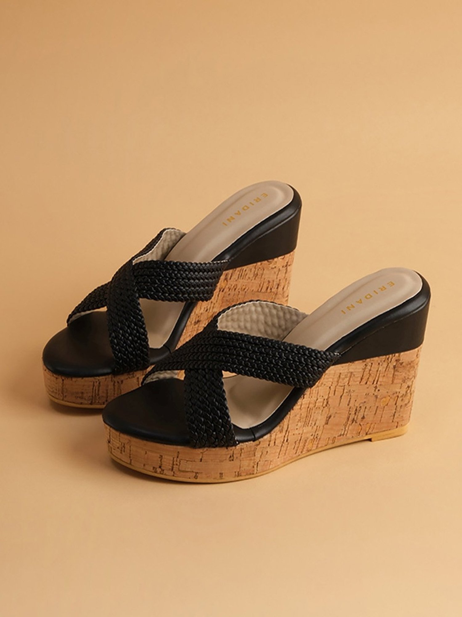 Eridani Women's Malia Black Cross Strap Wedges