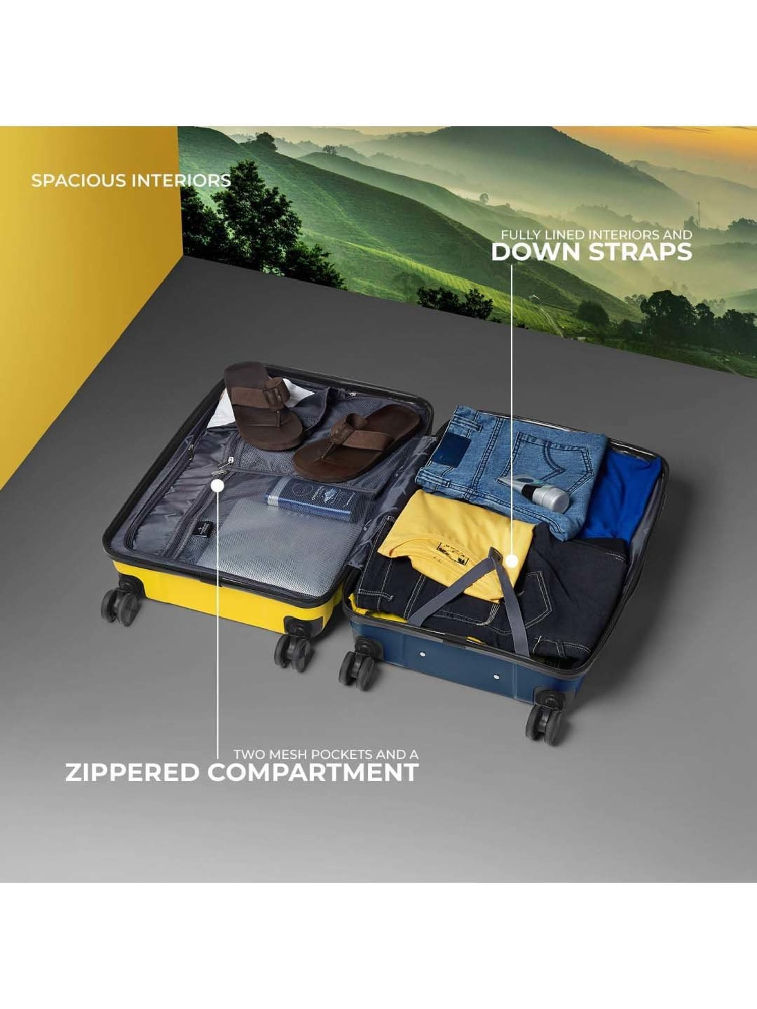 Nasher Miles Nicobar Hard-Sided Polypropylene Set of 2 Yellow and Navy Blue Trolley Bags(55&65cm)