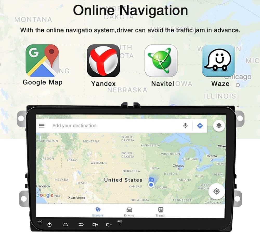 Double Din Android Car Navigation Stereo with Bluetooth for Volkswagen Passat Golf Jetta Polo Tiguan Touran SEAT Skoda, 9&rdquo;Headunit Support GPS WiFi FM +Rearview Camera+Double USB Input (2G+32G)