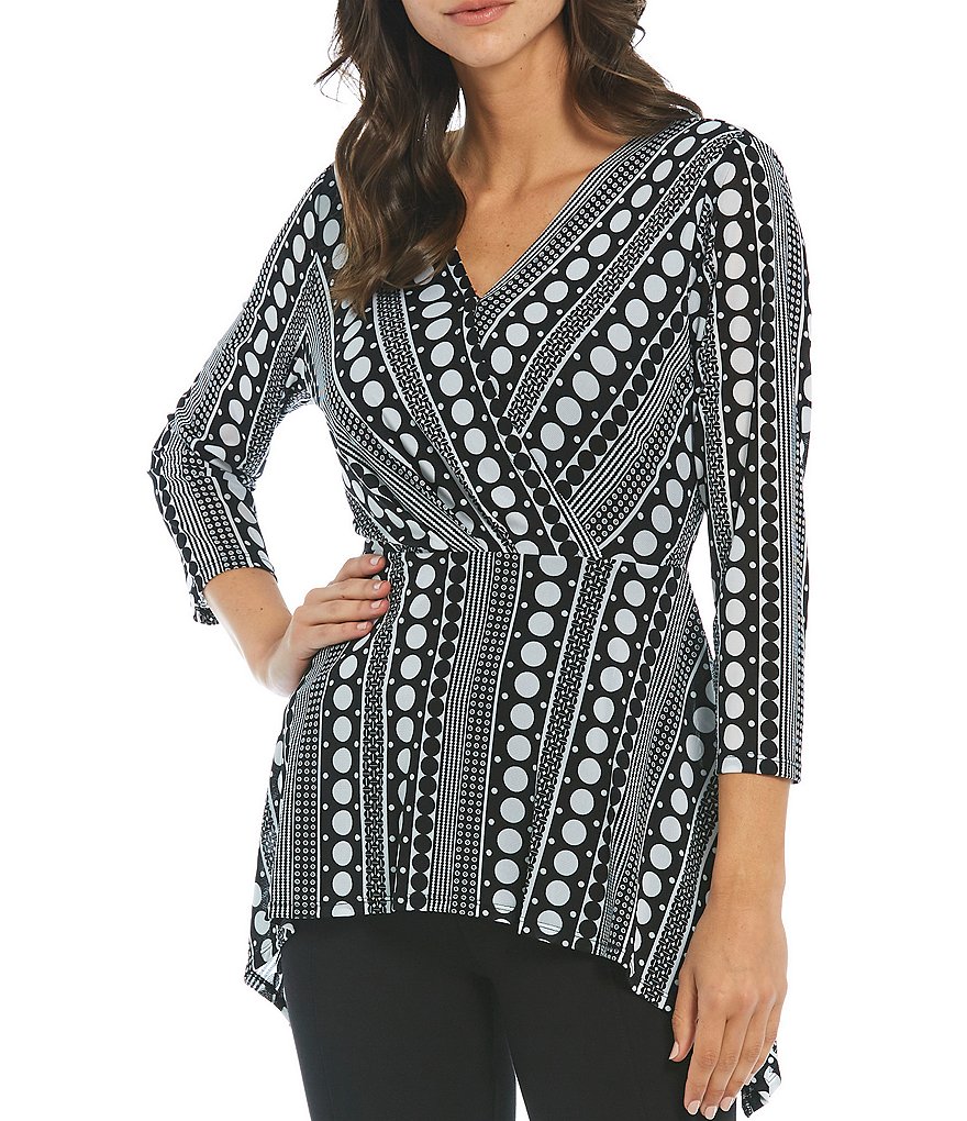 Slim Factor by Investments Polka Dot Stripe Print 3/4 Sleeve Sharkbite Hem V-Neck Top