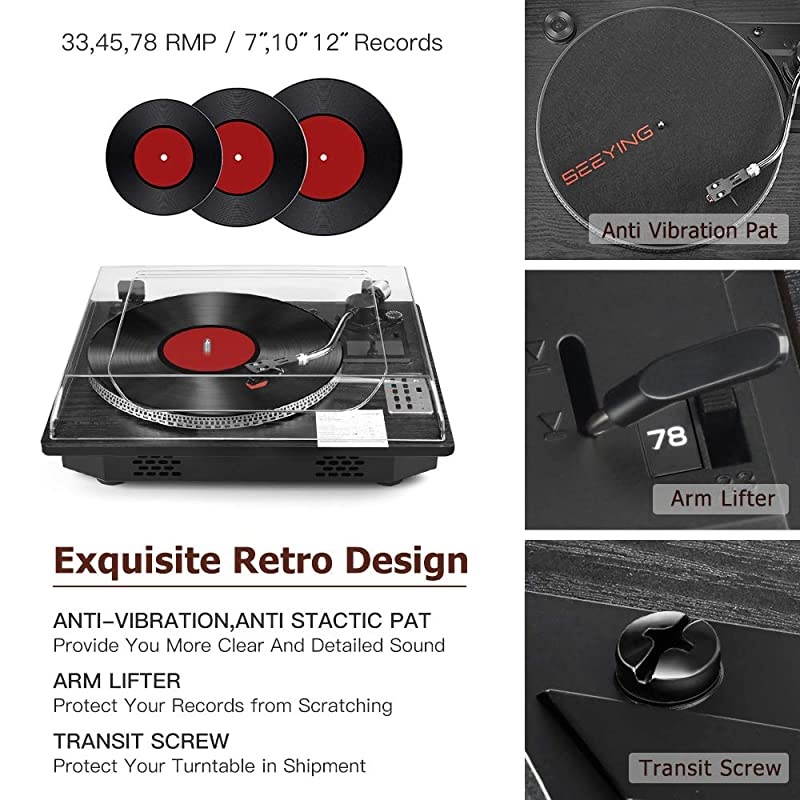 Record Player Turntable with Bluetooth Input OutputLP Player with Speakers USB to MP3 Encoding