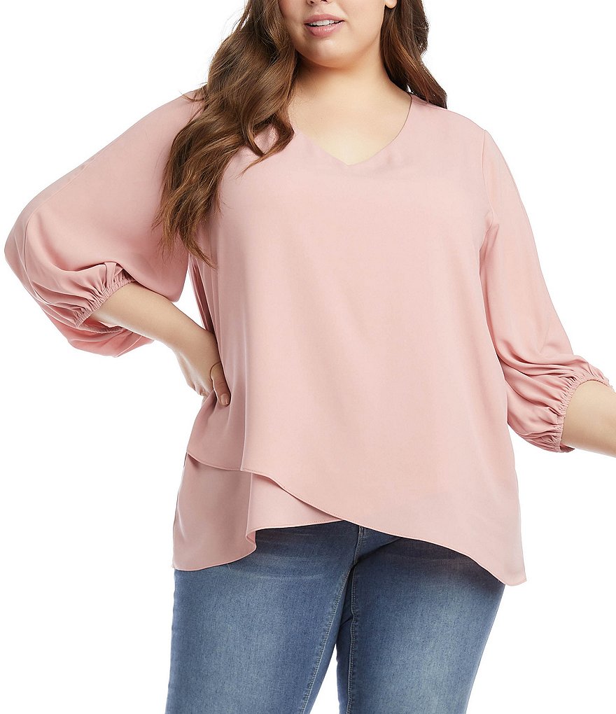 Karen Kane Plus Size Round V-Neck Crossover Blouson 3/4 Sleeve Top