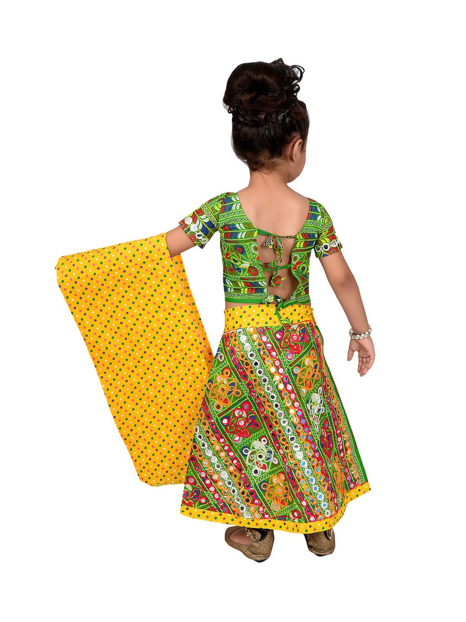 Ahhaaaa Kids Green & Yellow Embroidered Choli, Lehenga with Dupatta