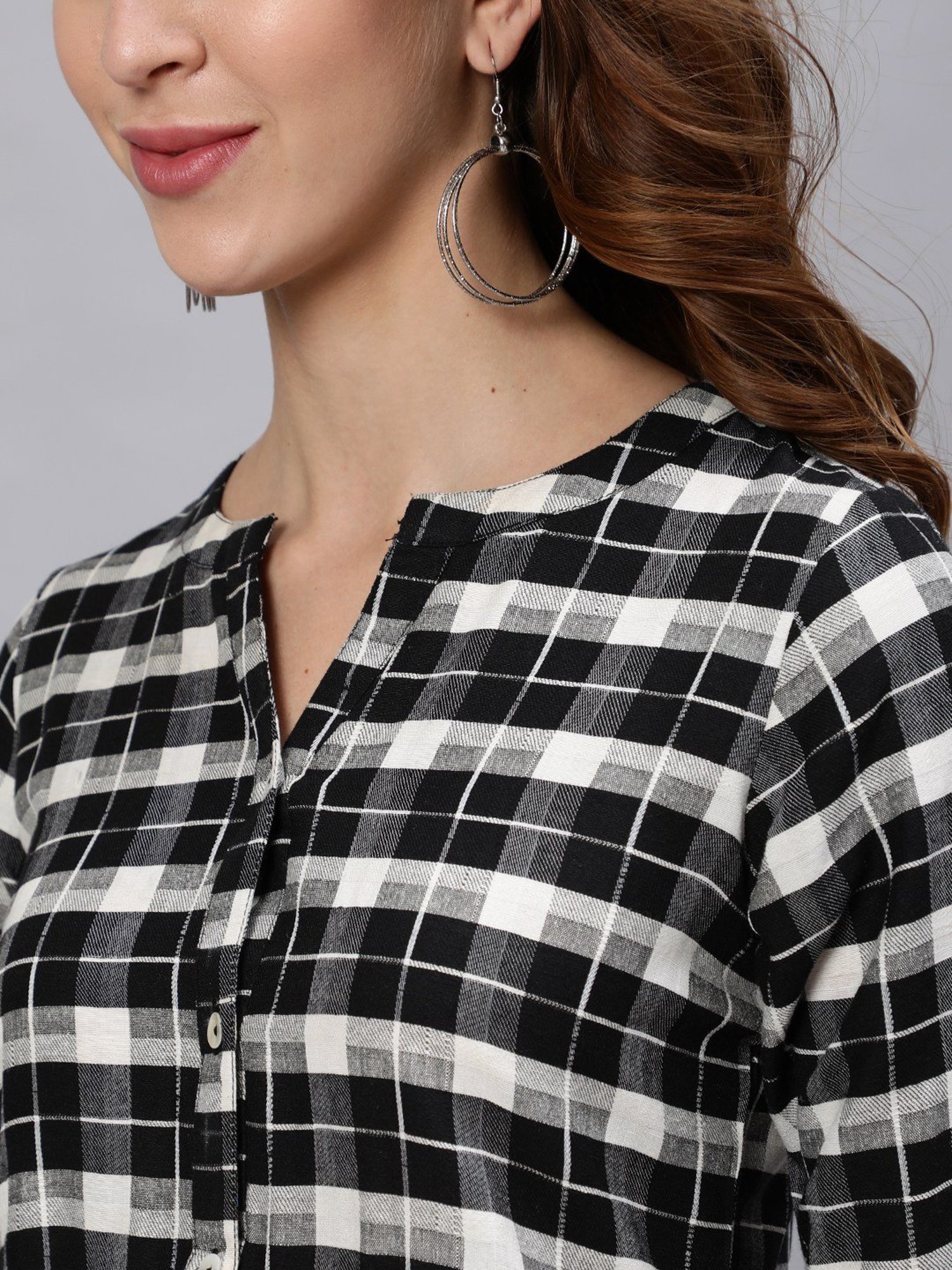 Jaipur Kurti Black & White Checked Top