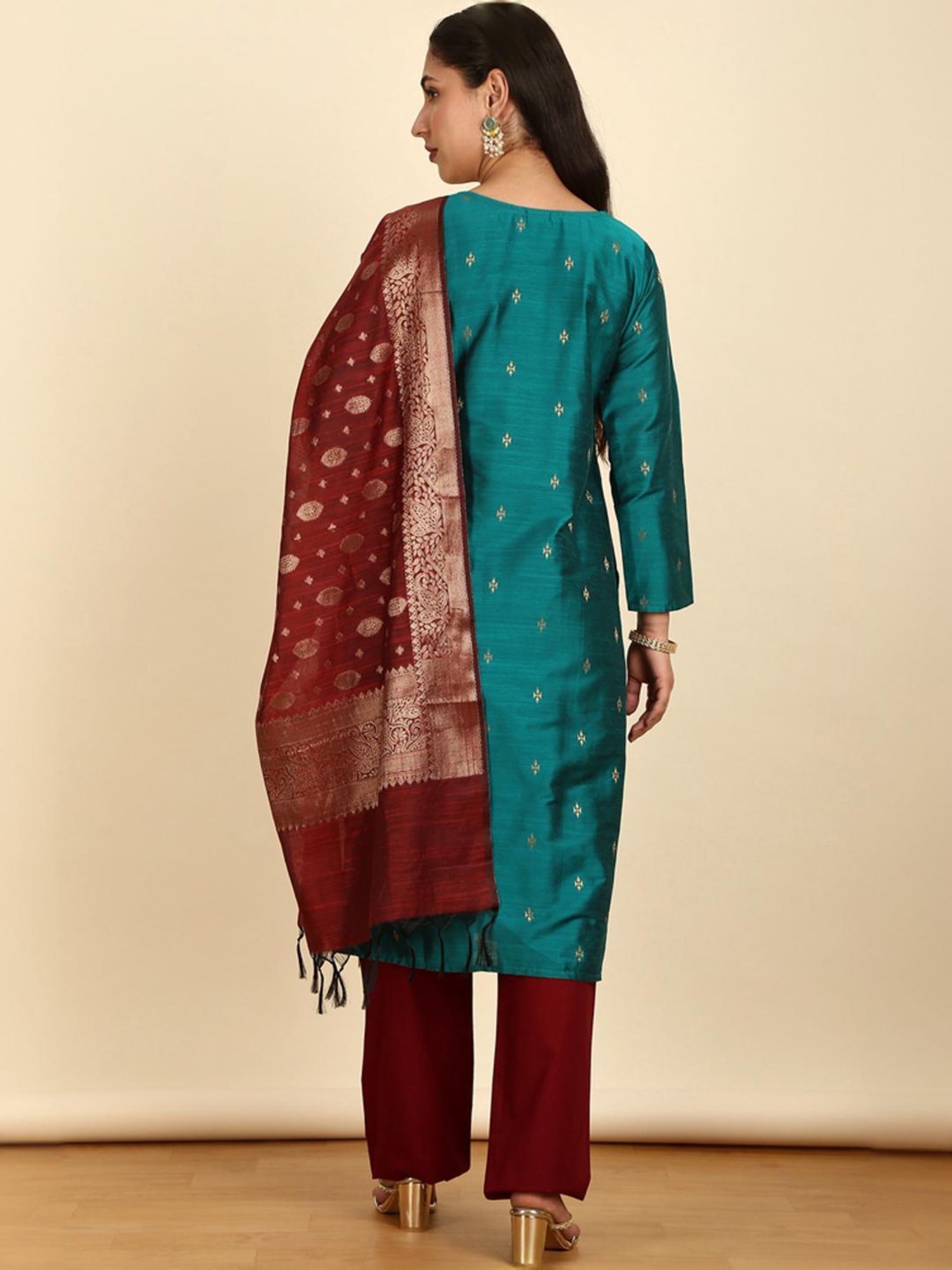 Soch Womens Teal Silk Blend Zari Woven Unstitch Dress Material