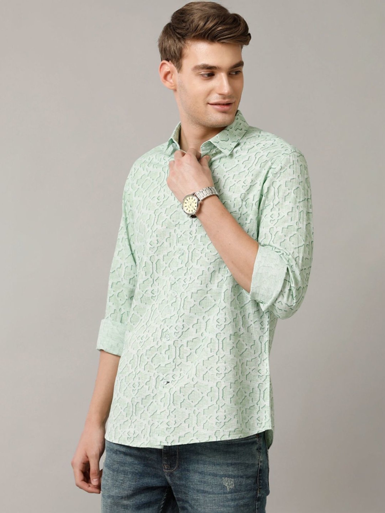 Cavallo By Linen Club Green Linen Contemporary Fit Printed Shirt