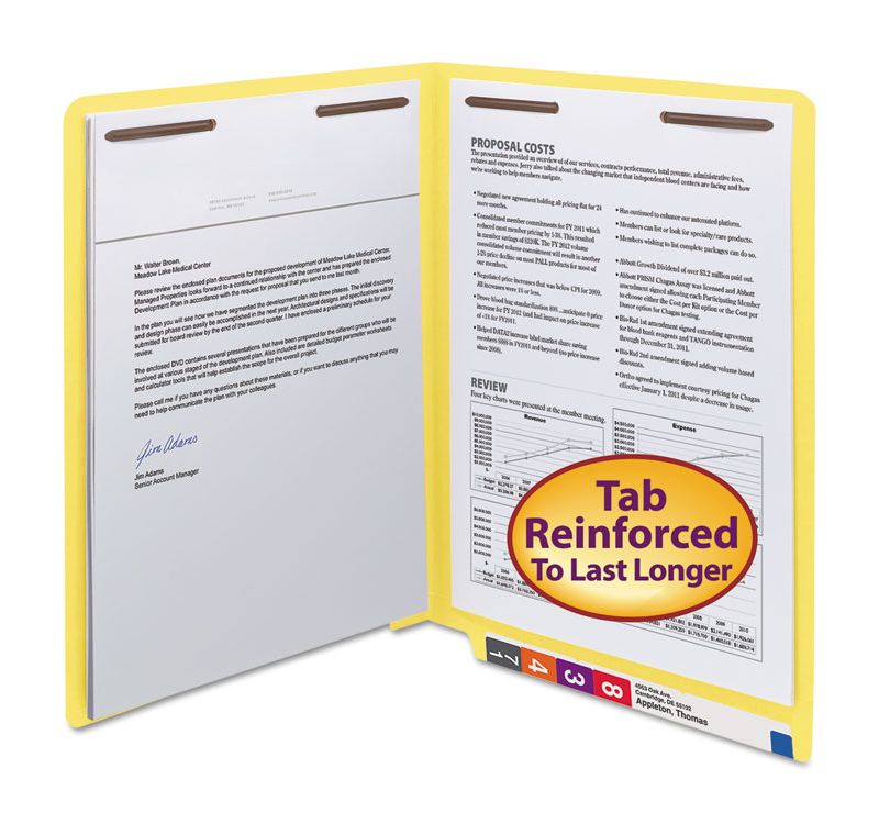Smead WaterShed/CutLess End Tab 2 Fastener Folders 3/4" Exp. Letter Yellow 50/Box 25950