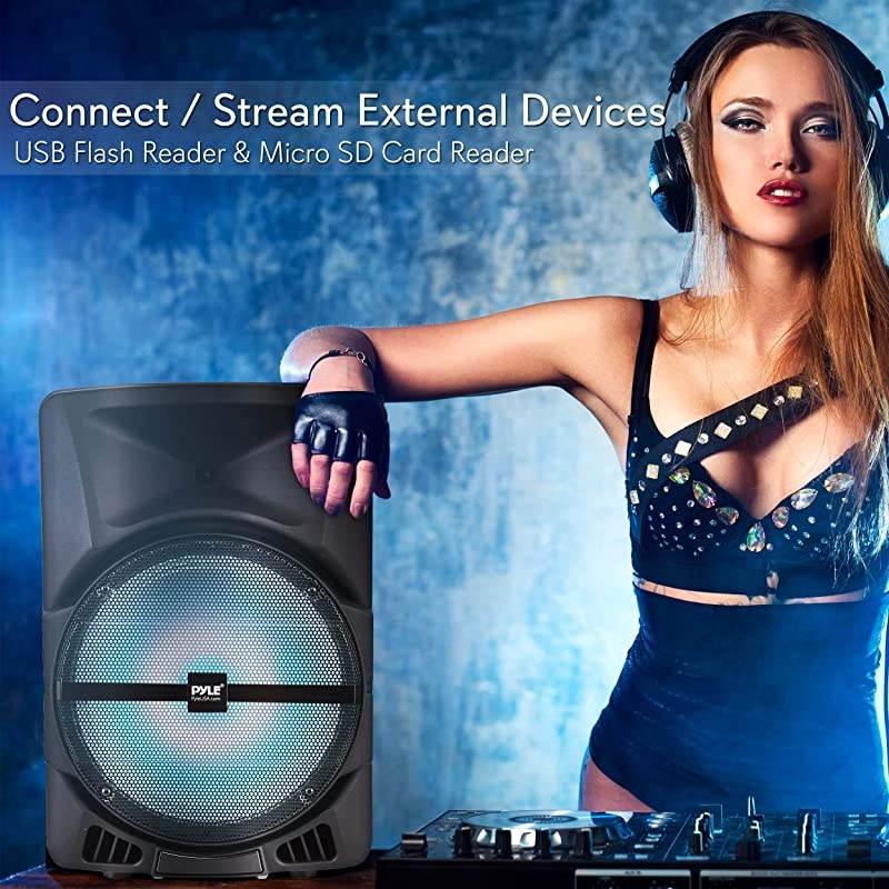 Portable PA Speaker System 1200W High Powered Bluetooth Compatible Indoor and Outdoor DJ Sound Stereo Loudspeaker w USB SD MP3 AUX 35mm Input Flashing Party Light amp FM Radio PPHP1544B