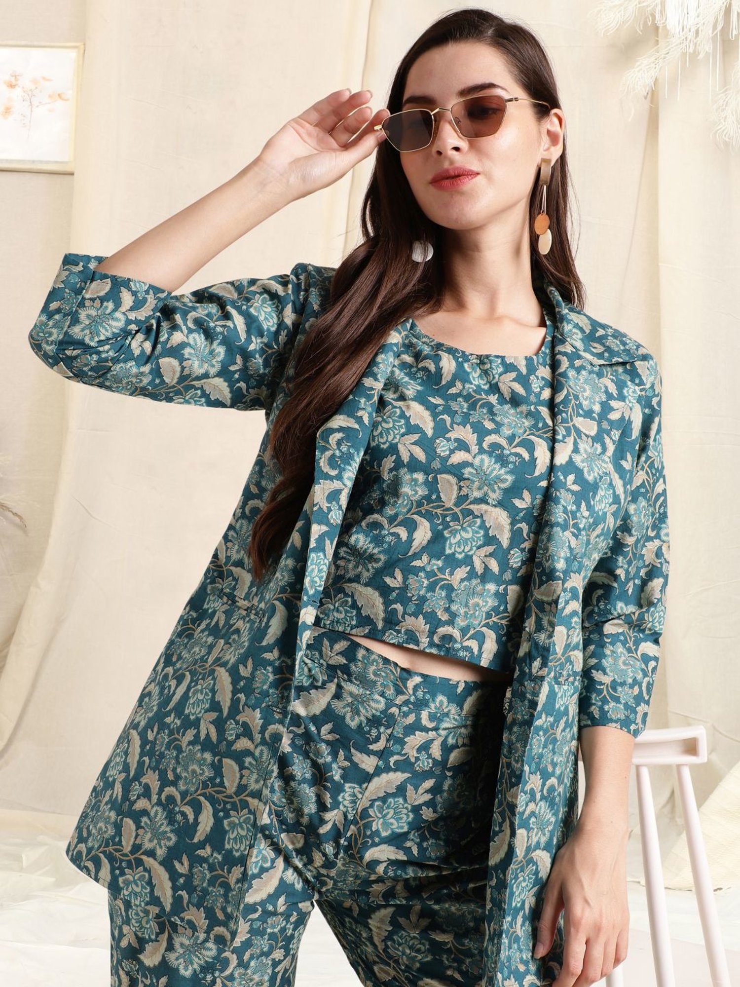 MIRCHI FASHION Teal Blue Cotton Printed Top Pant Set With Jacket
