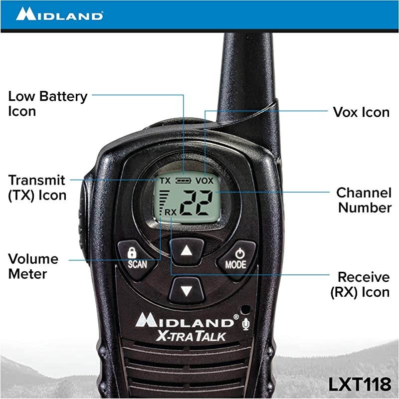 LXT118VP, FRS Walkie Talkies - Extended Range Two Way Radios, Hands-Free VOX, Batteries Included (Pair Pack) (Black)