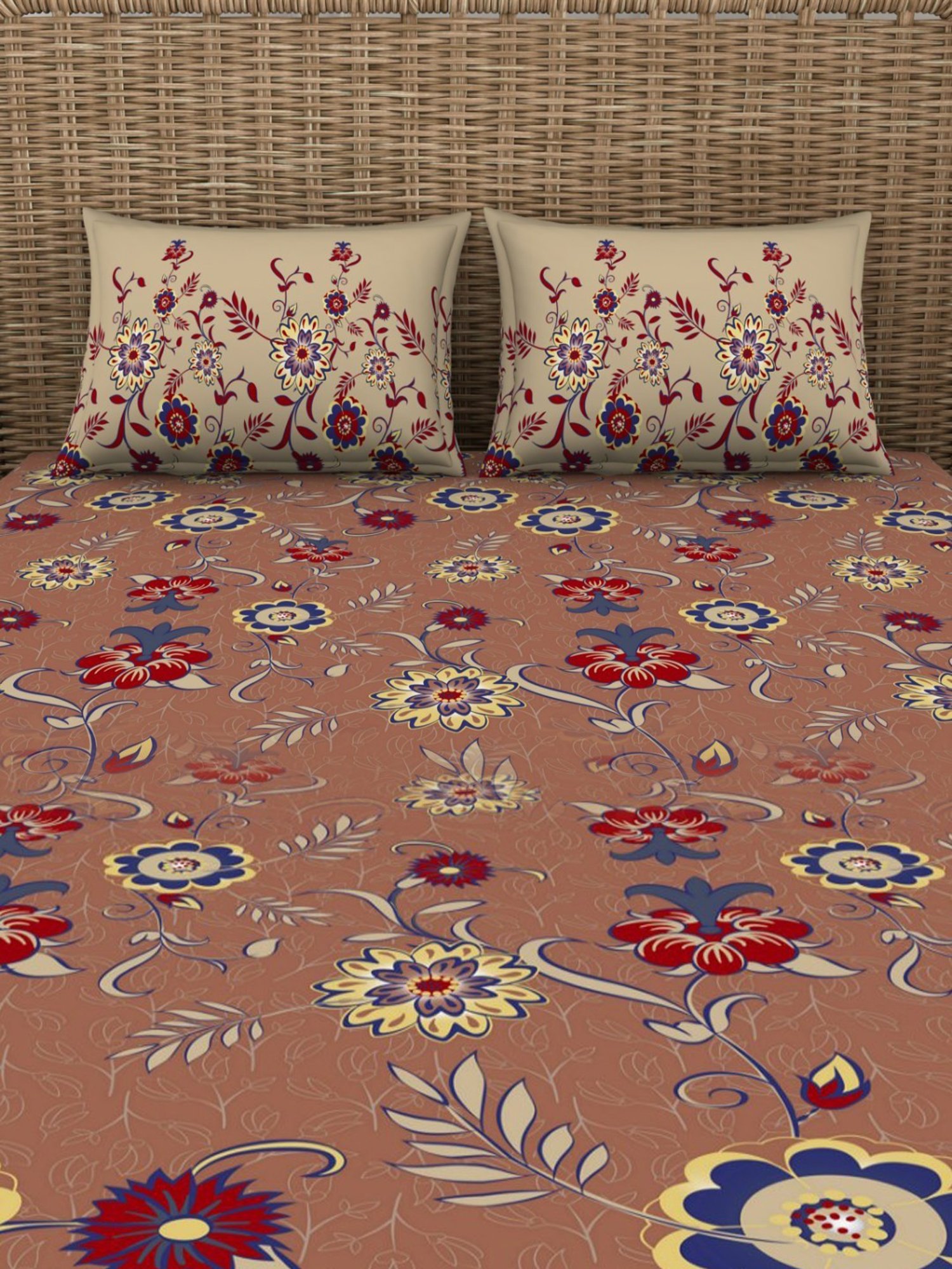 Spaces Printed Brown 144 TC Cotton Queen Bed Sheet with 2 Pillow Covers