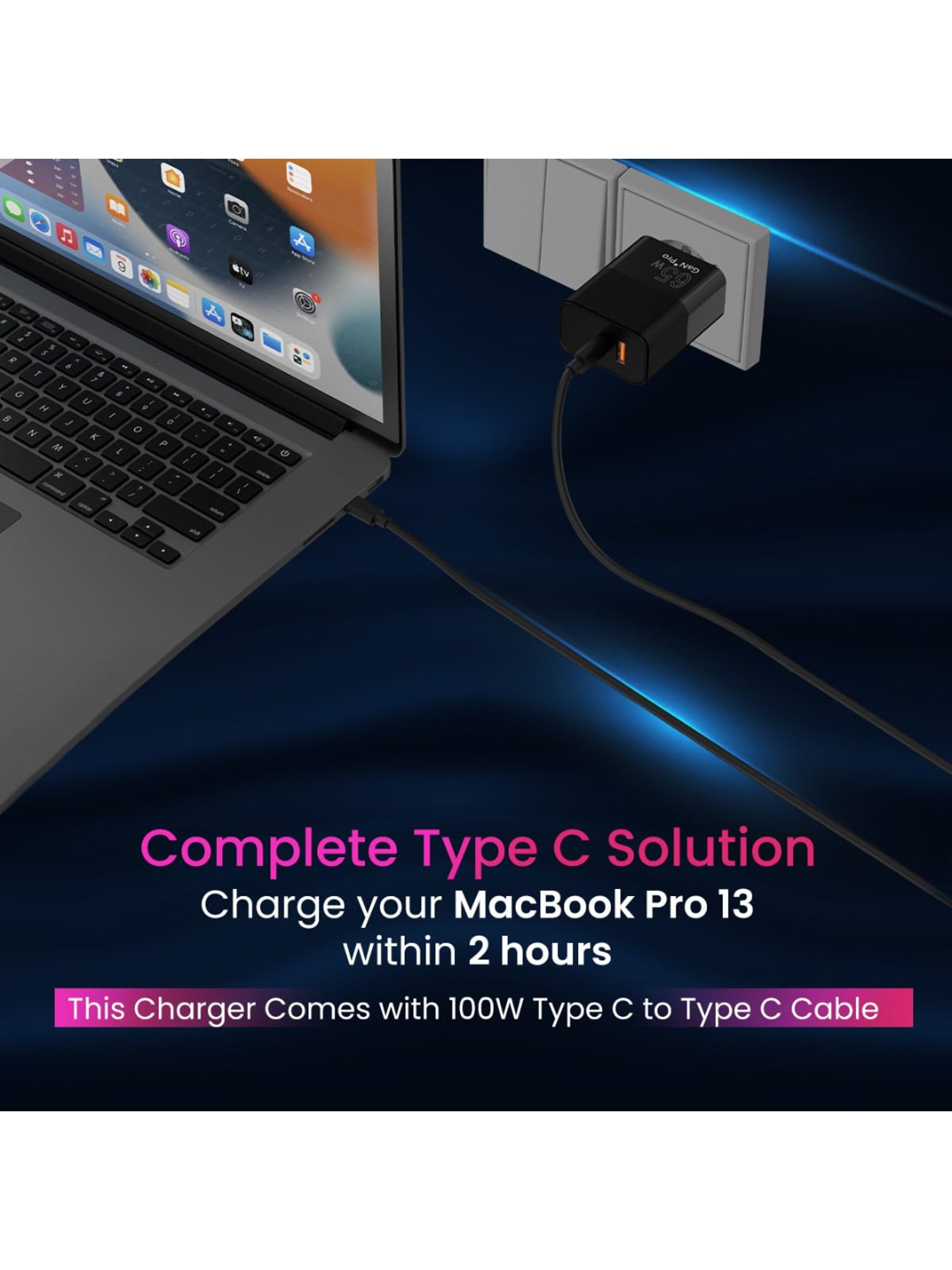 Portronics Adapto 65 Pro 65W Dual Ports Outputs GaN Fast Wall Charger with Cable (Black)