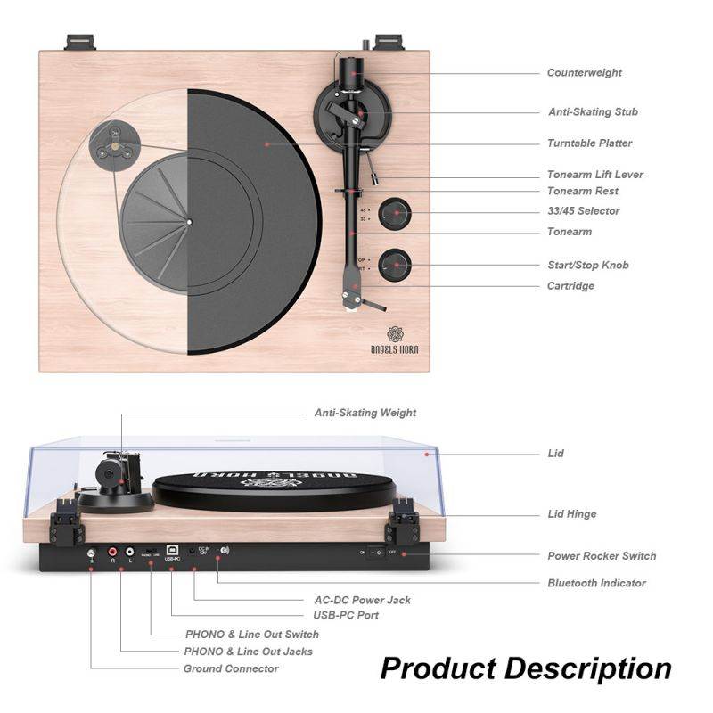 Record Player Stereo Turntable with Built-in 2-Speed Phono Preamp and Belt Drive