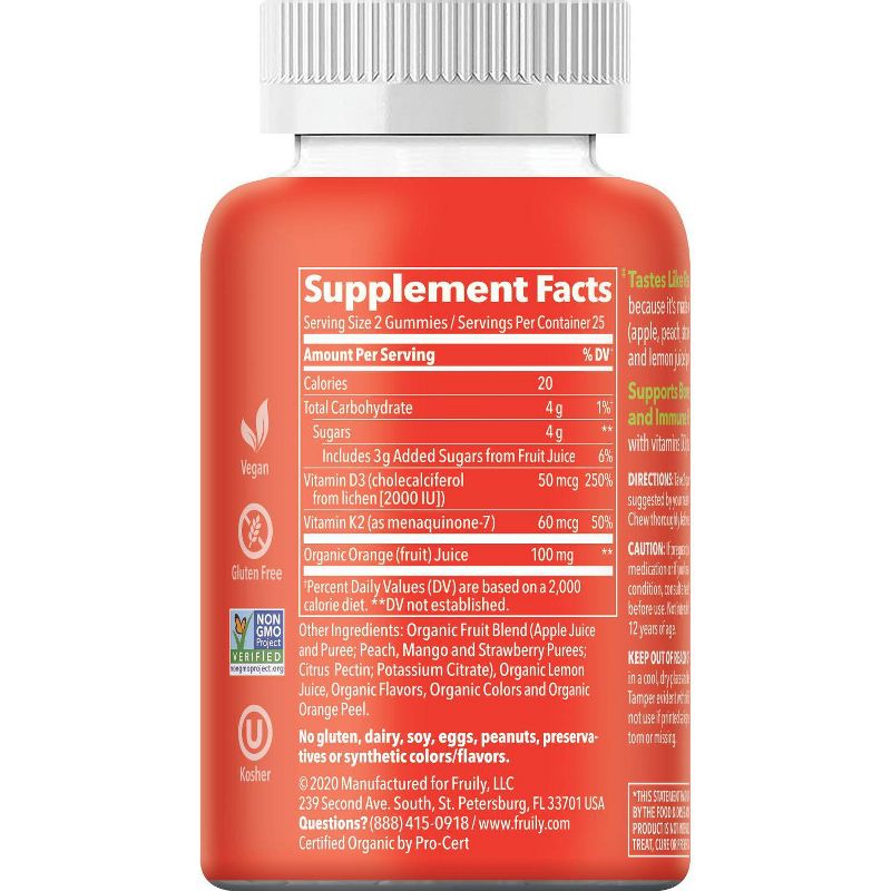 Fruily Organic Vitamin D3 Plus K2 Real Fruit Gummy - 50ct