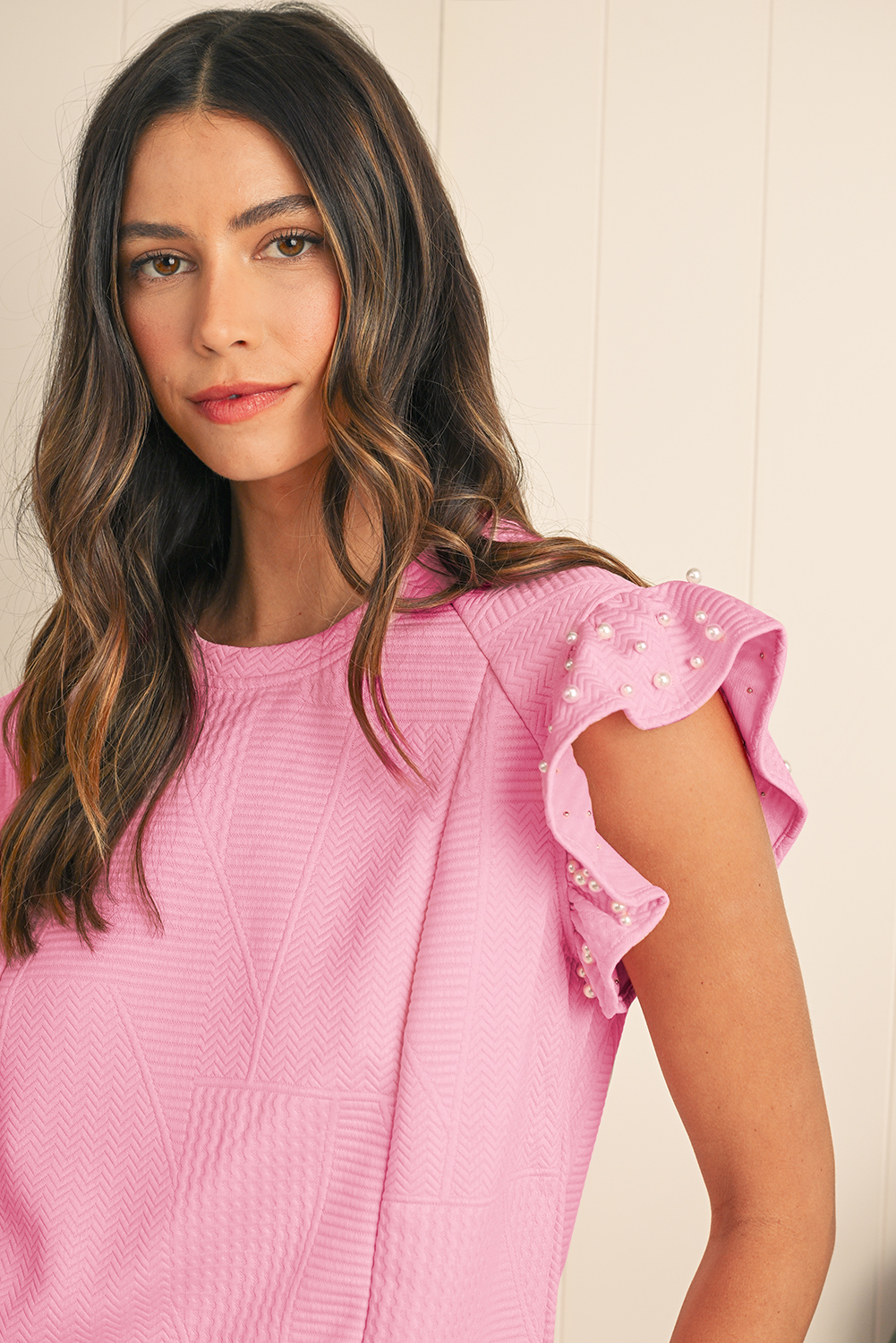 Green Solid Color Quilted Long Sleeve Top and Wide Leg Pants Set