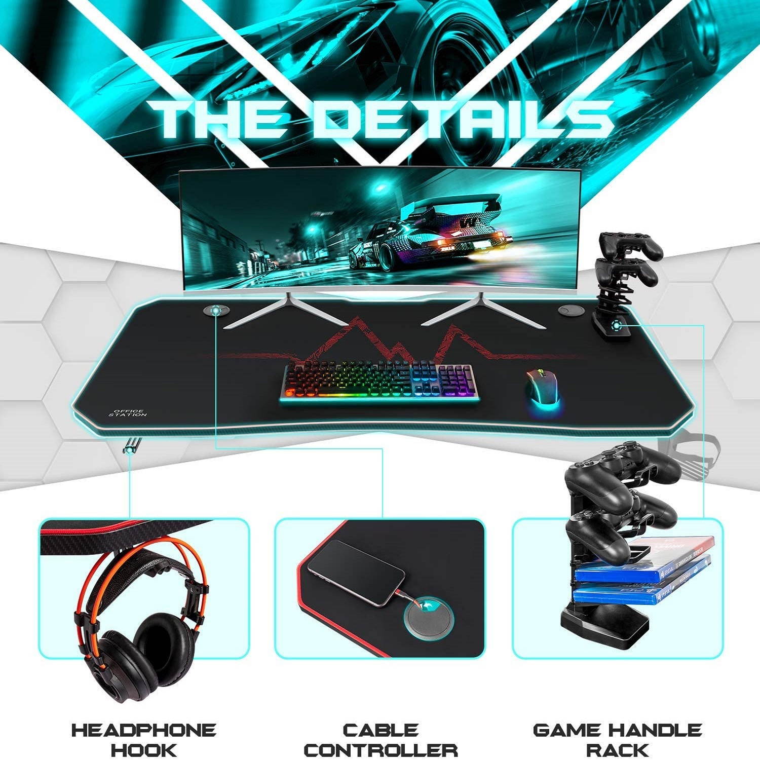 Furmax 55 Inch Gaming Desk Racing Style PC Computer Desk Y-shaped Table Home Office Desk with Large Carbon Fiber Surface, Free Mouse Pad, Headphone Hook, Gaming Handle Rack and Cup Holder (Black)