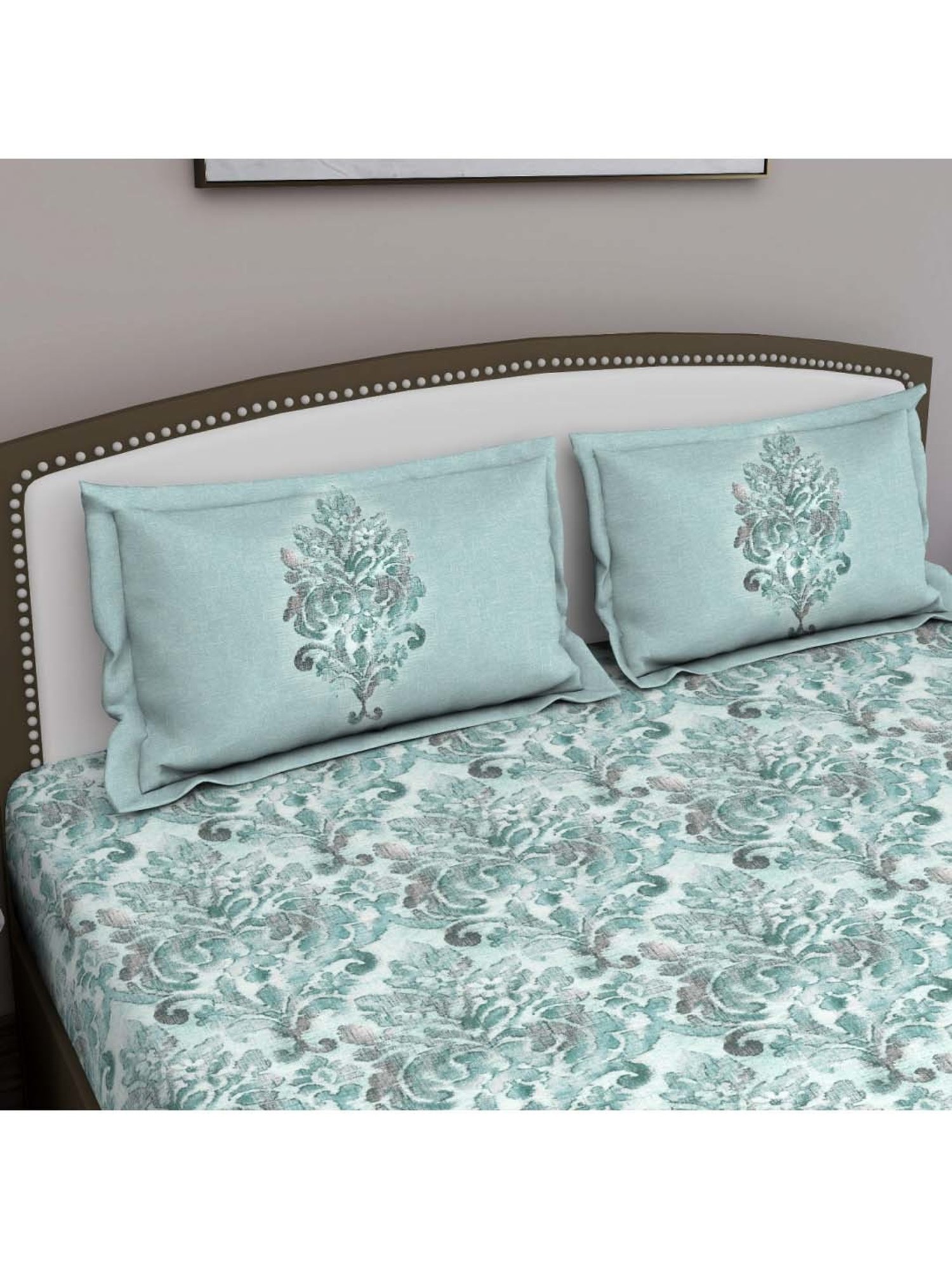 GM 'Fiesta' Sage Green Cotton 180 TC Double Bedsheet with 2 Pillow Covers