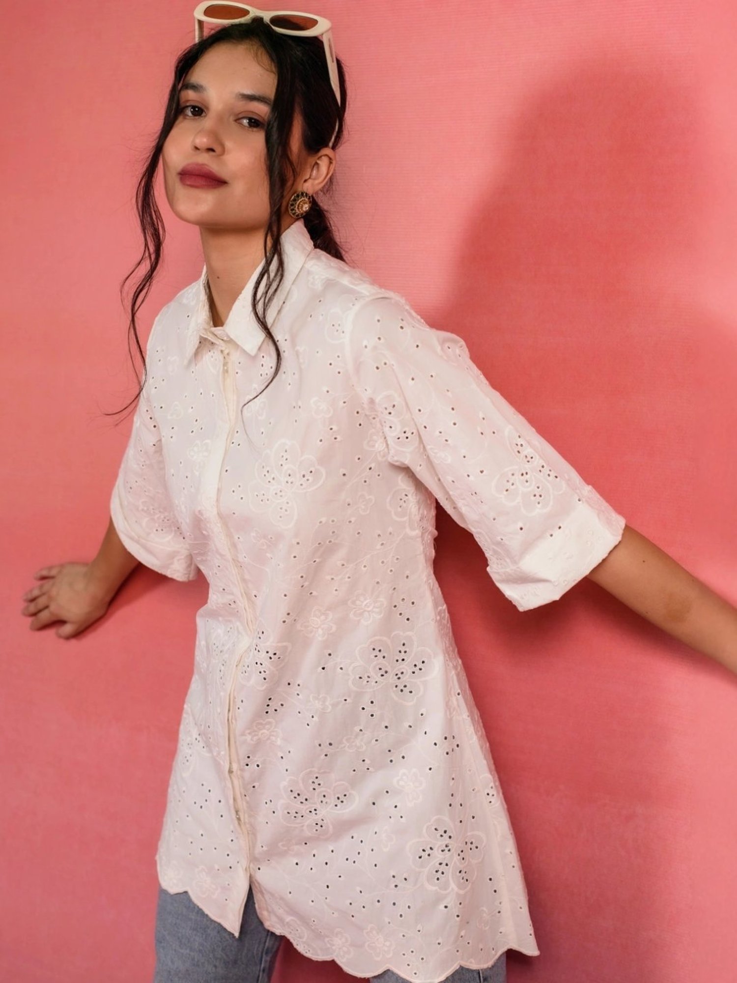 Kameez by Pooja White Embroidered Poplin Shirt