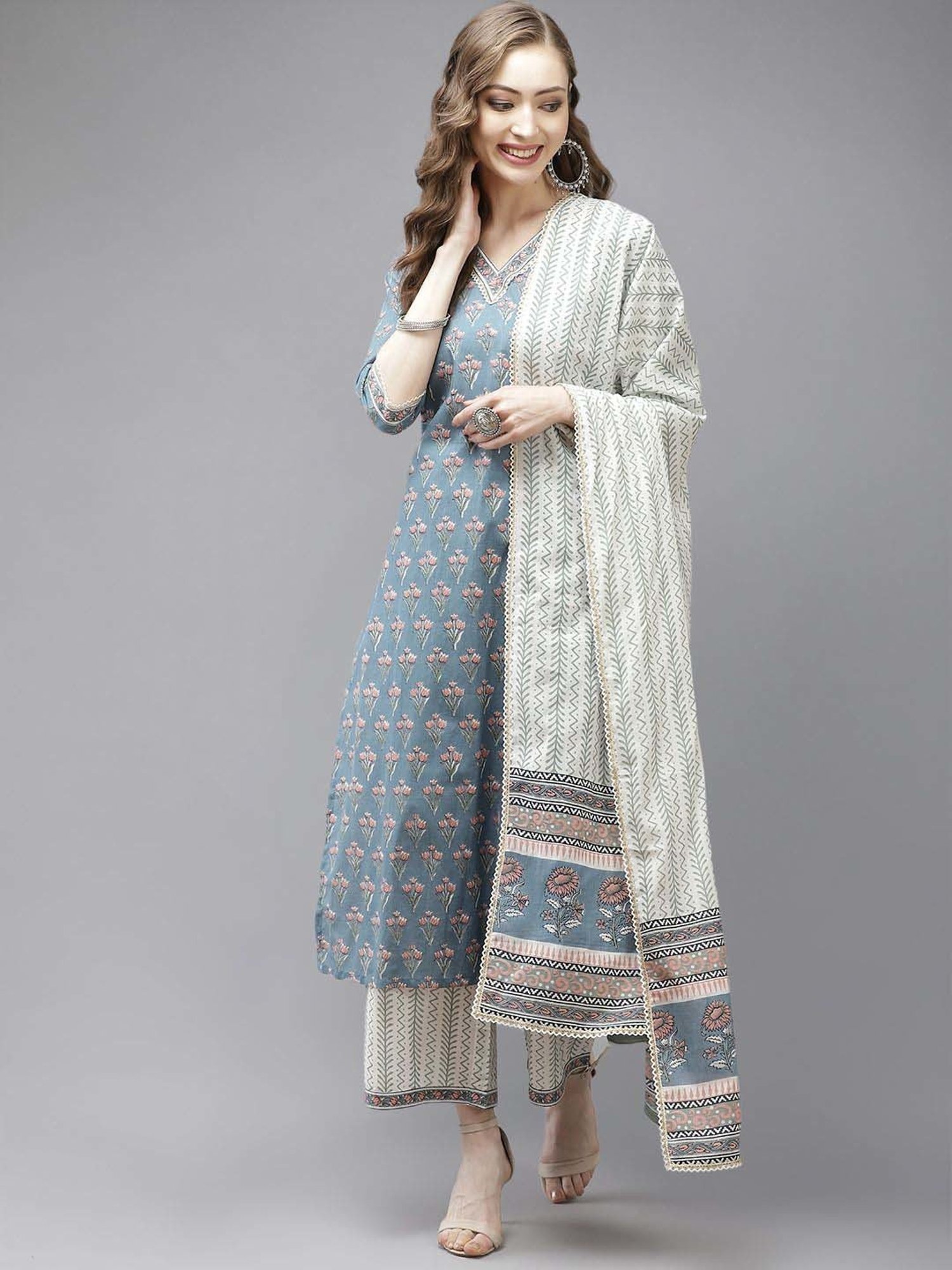 Libas Blue & White Cotton Printed Kurta Palazzo Set With Dupatta