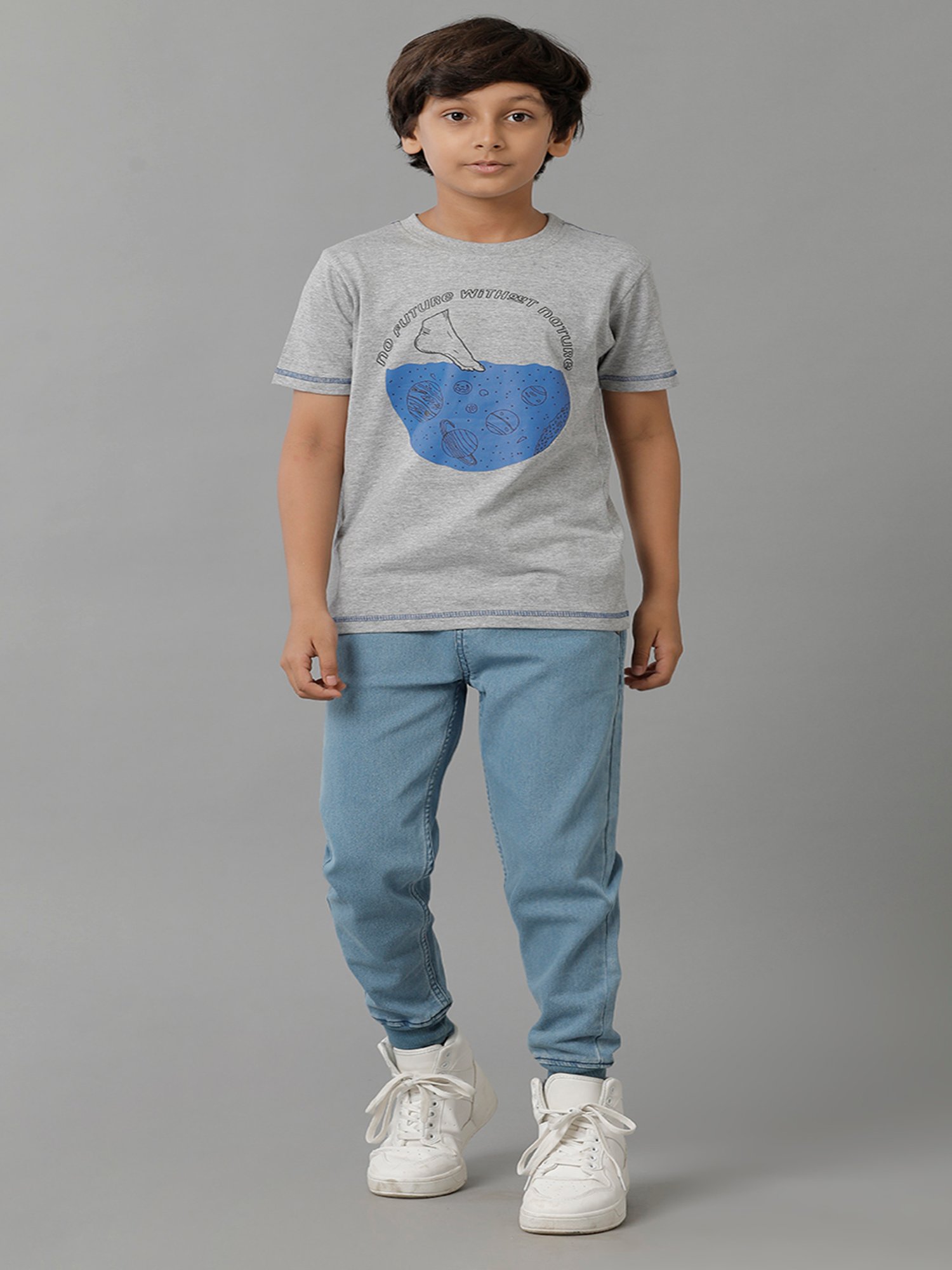 Under Fourteen Only Boys Blue Solid Denim Joggers