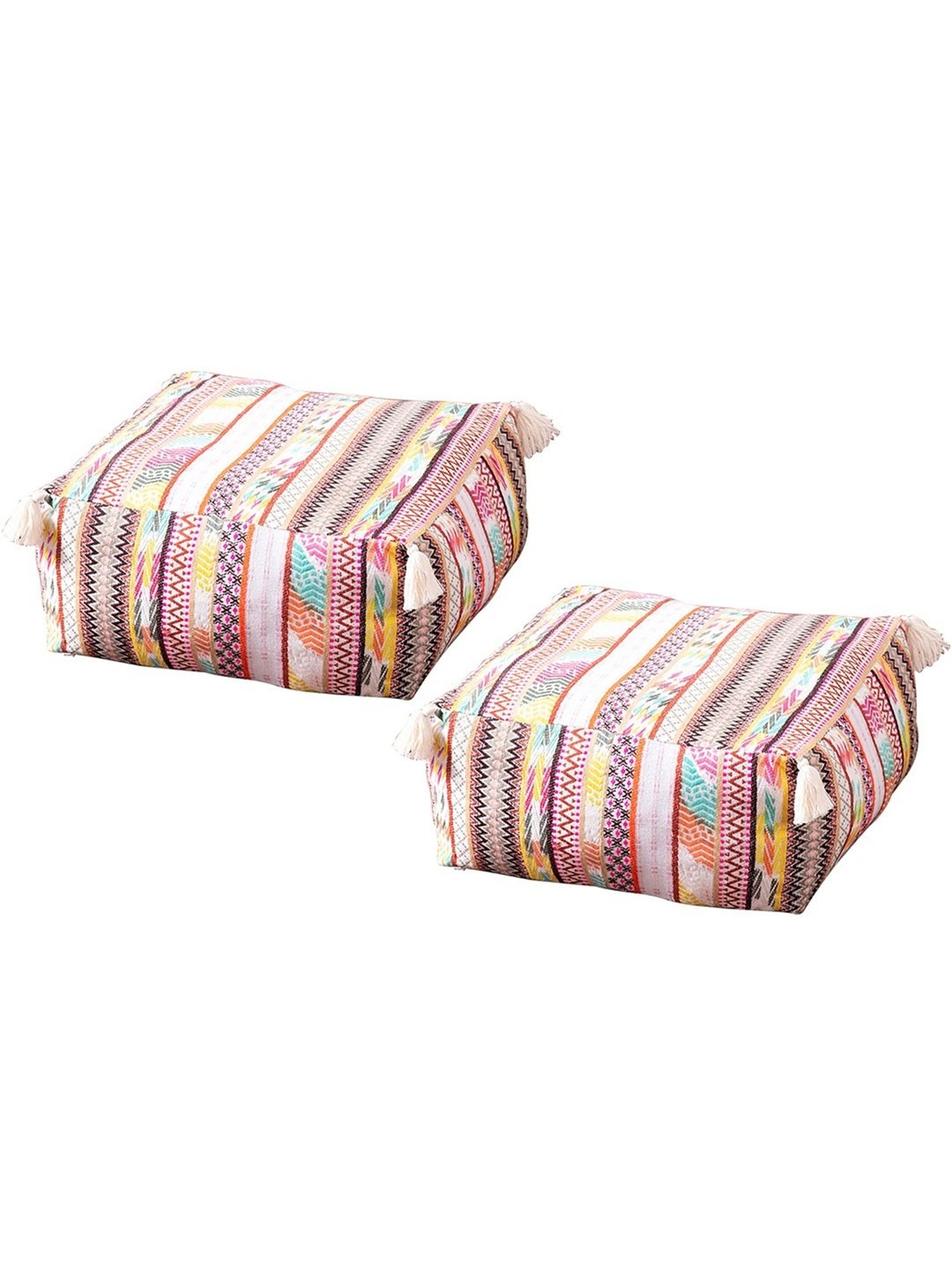 Nestroots Printed Multicolor Cotton Foot Stool Floor Cushions with Filler - Set of 2