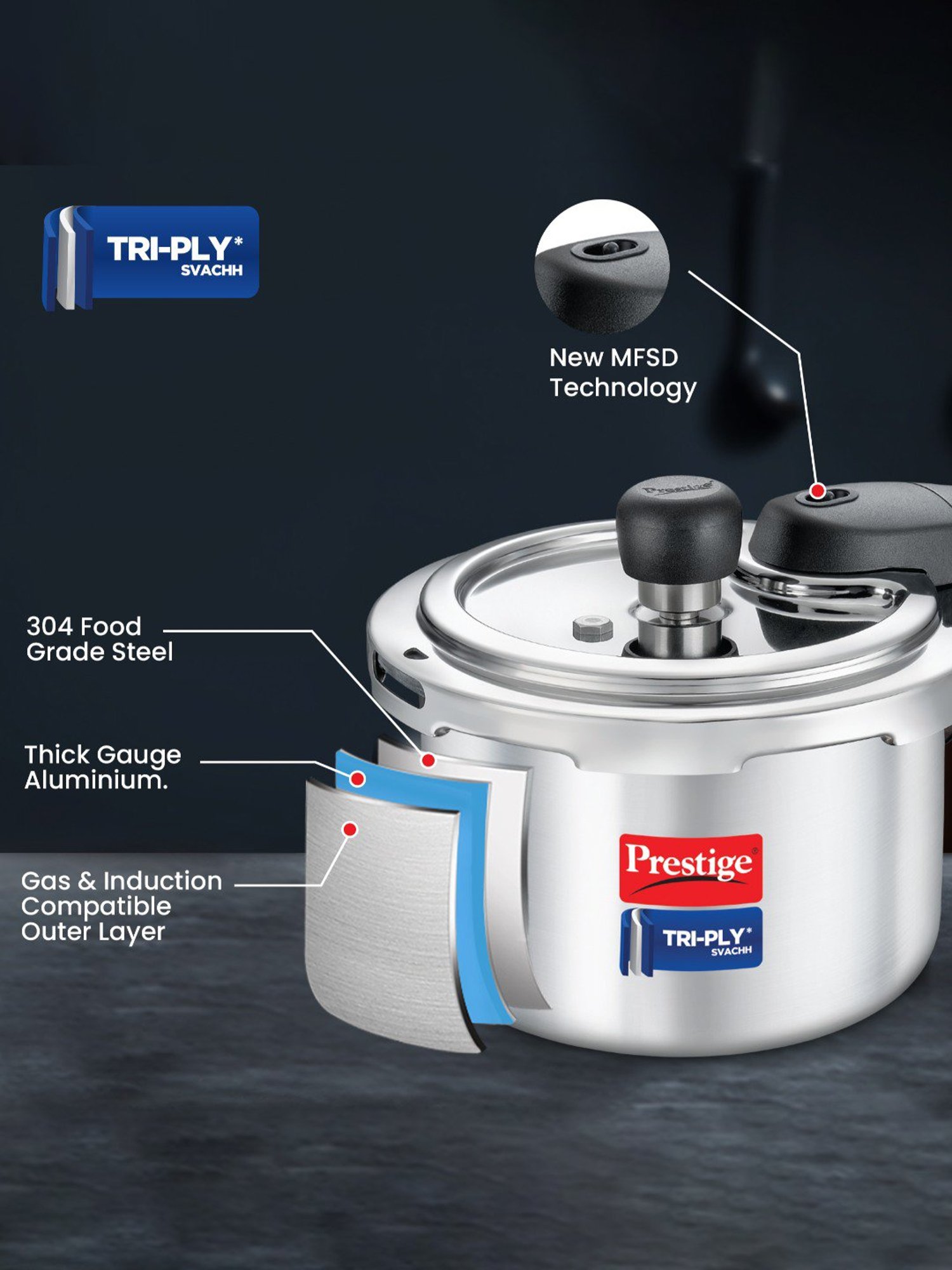 Prestige Svachh Triply Silver Stainless Steel Pressure Cooker (1.5L)