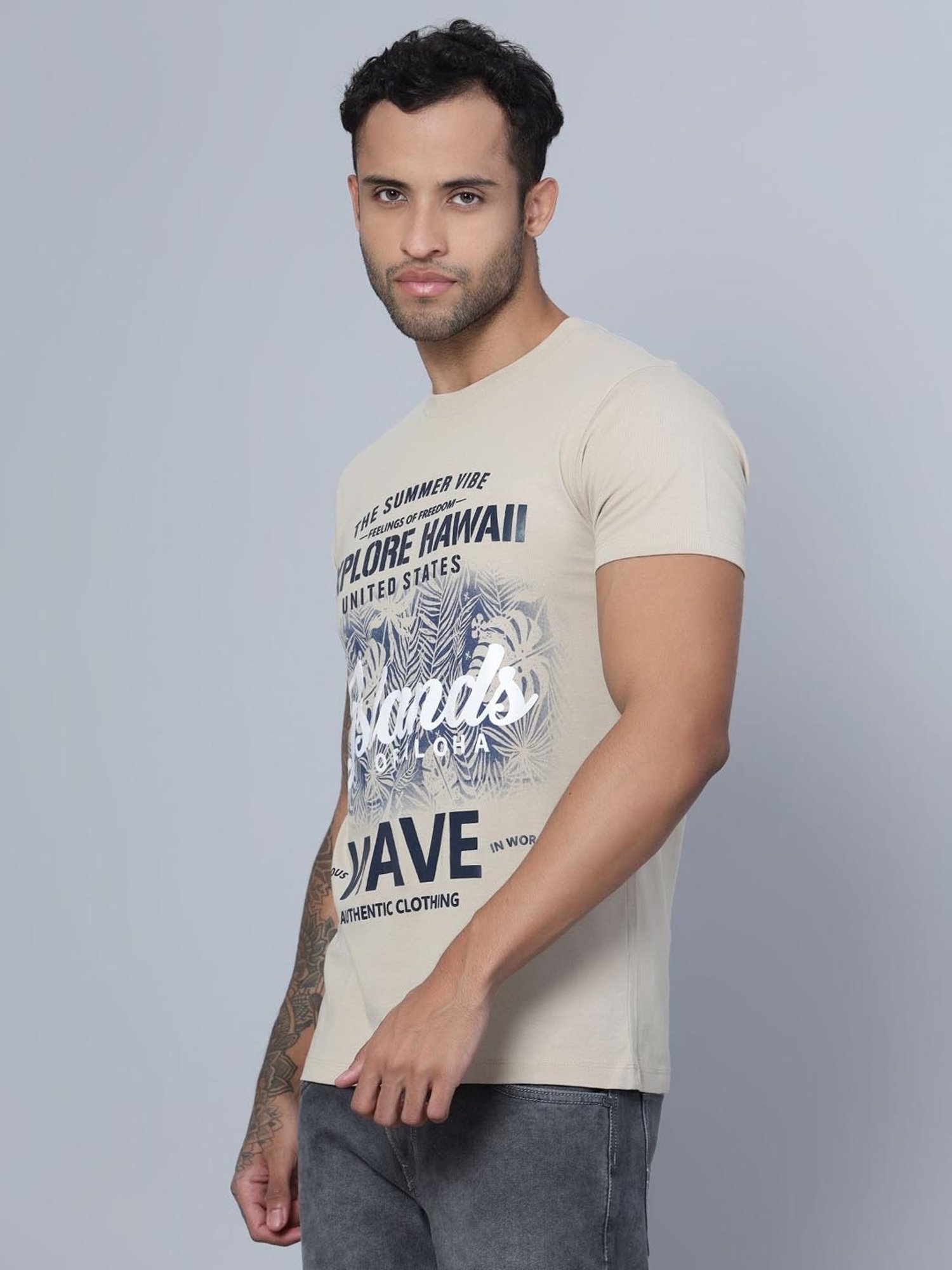 Cantabil Beige Regular Fit Printed T-Shirt