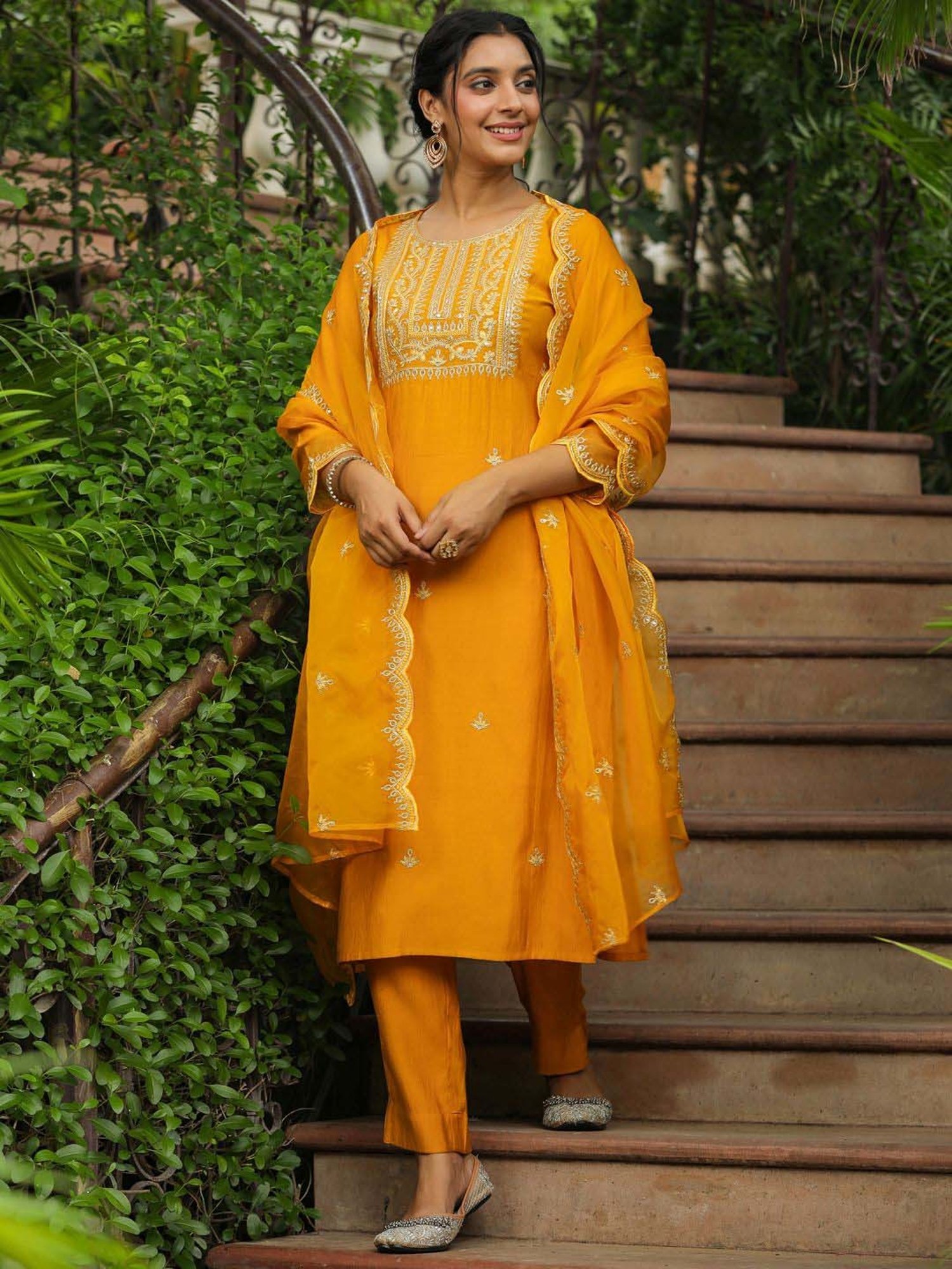 Janasya Mustard Embroidered Kurta Pant Set With Dupatta