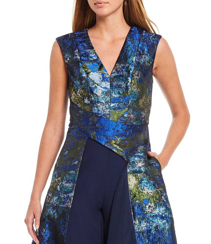 Kay Unger Sidney Jacquard and Crepe Walk-Thru Jumpsuit Dress