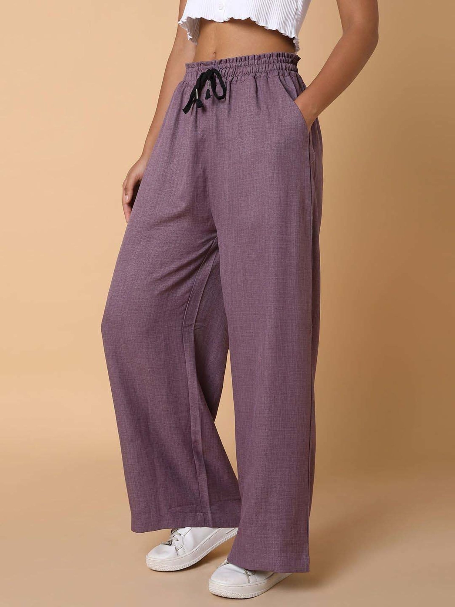 SHOWOFF Purple Cotton Mid Rise Flared Pants