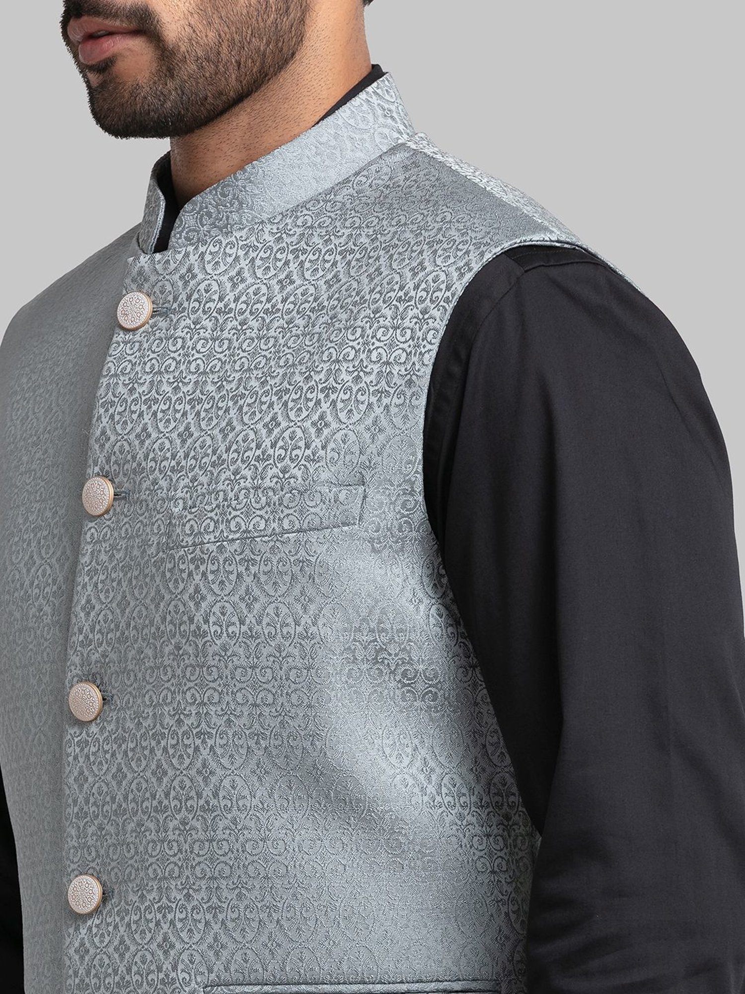 Raymond Grey Regular Fit Embroidered Nehru Jacket