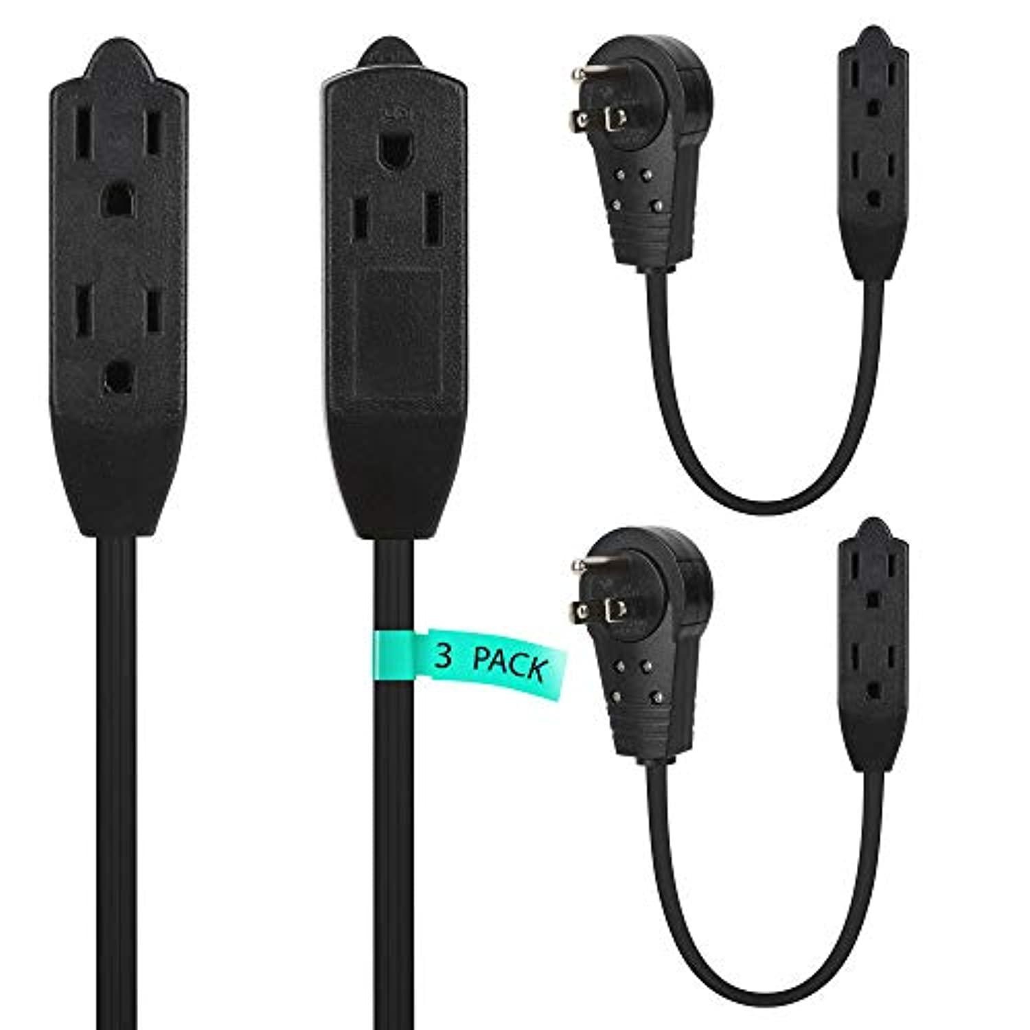 maximm cable 6-inch (0.5 foot) 360 rotating flat plug extension cord/wire, 1/2 ft multi 3 outlet extension wire, 3 prong grounded wire - black - 3 pack, ul listed