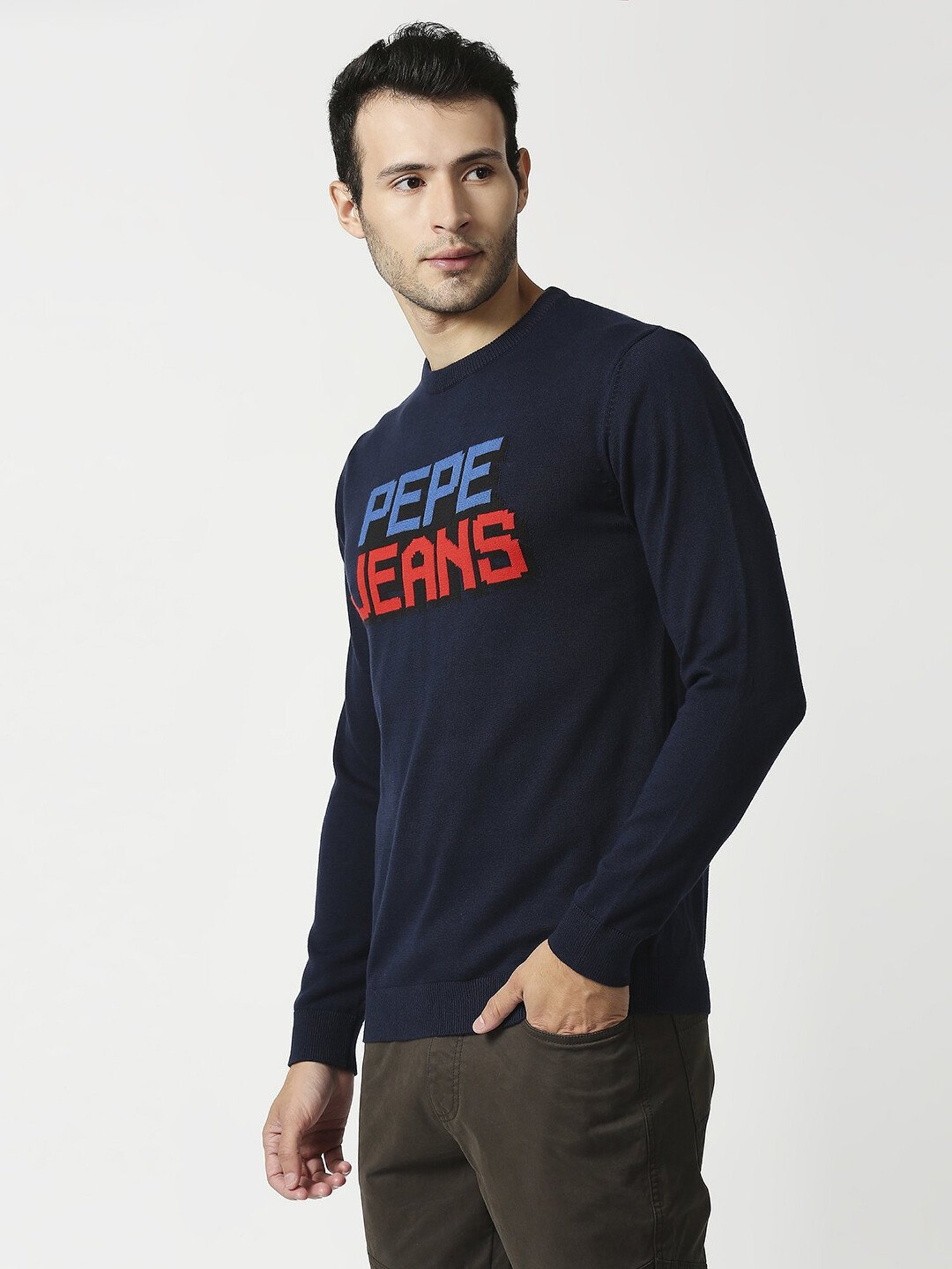 Pepe Jeans Blue Cotton Regular Fit Self Pattern Sweaters