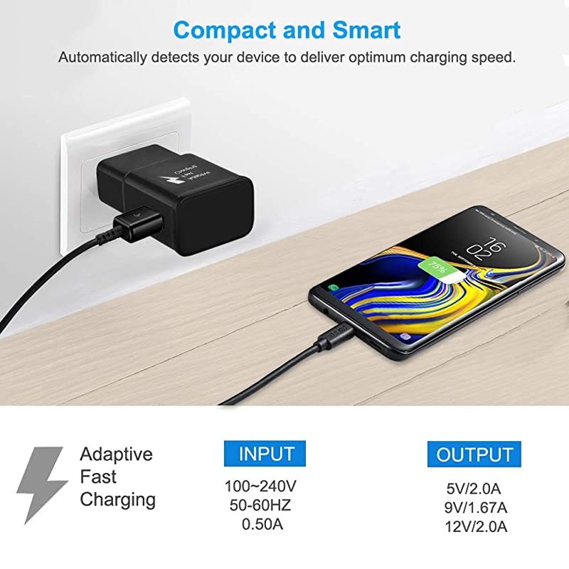 Fast Charger Adapter Adaptive Fast Charging Wall Charger Compatible Galaxy S8 S10 S9 S7 S6 / Plus/Edge/Active, Note 9, Note 8, Note 5, EP-TA20JBE Quick Charge (2 Pack Black)