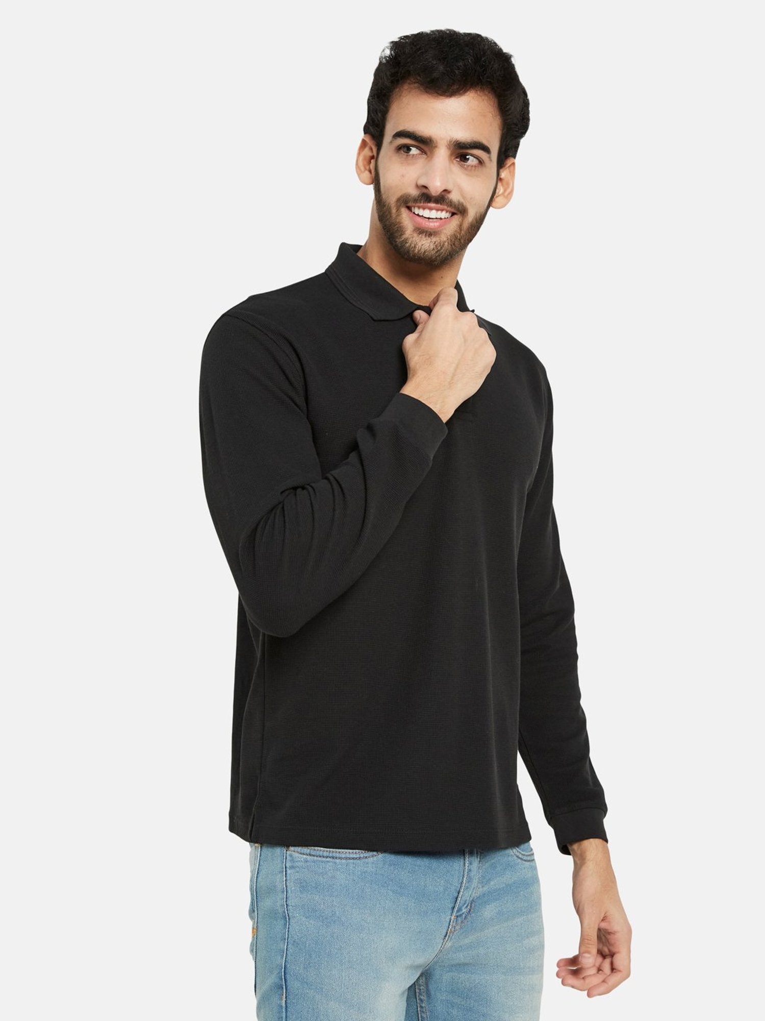 METTLE Black Regular Fit Textured Polo T-Shirt