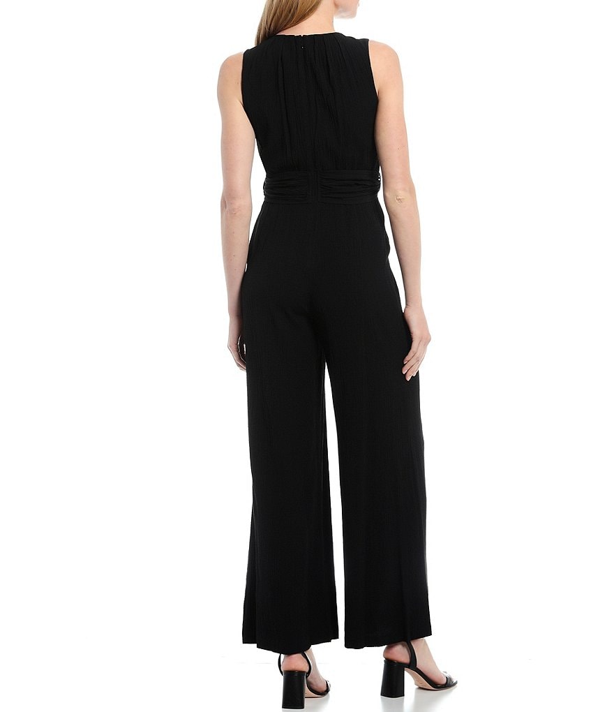 Calvin Klein Tie Waist Jewel Neck Gauze Jumpsuit