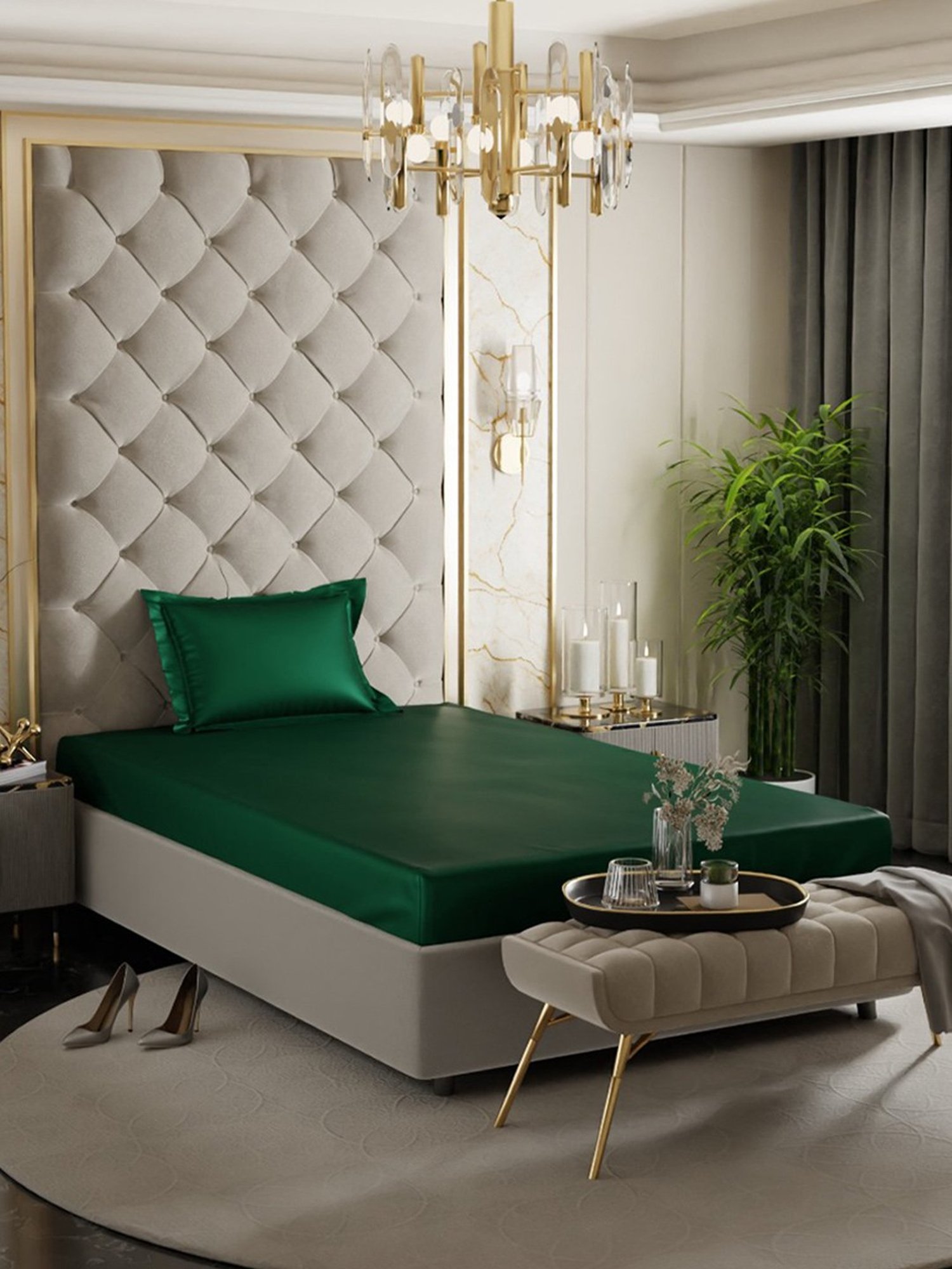 Stoa Paris Dark Green 300 TC Polyester Single Fitted Sheet with 1 Pillow Cover