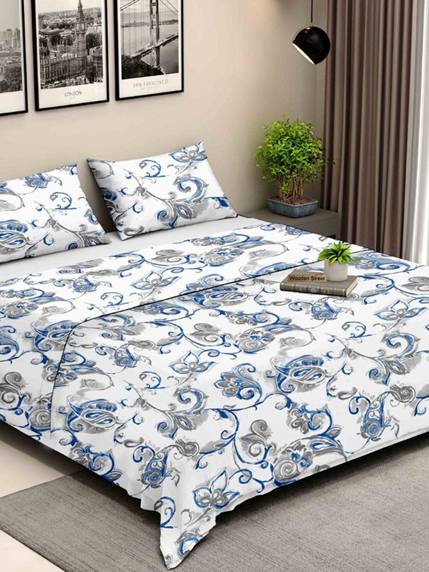 Ariana Rome Floral Blue 210 TC Cotton Super king Bedsheet with 2 Pillow Covers