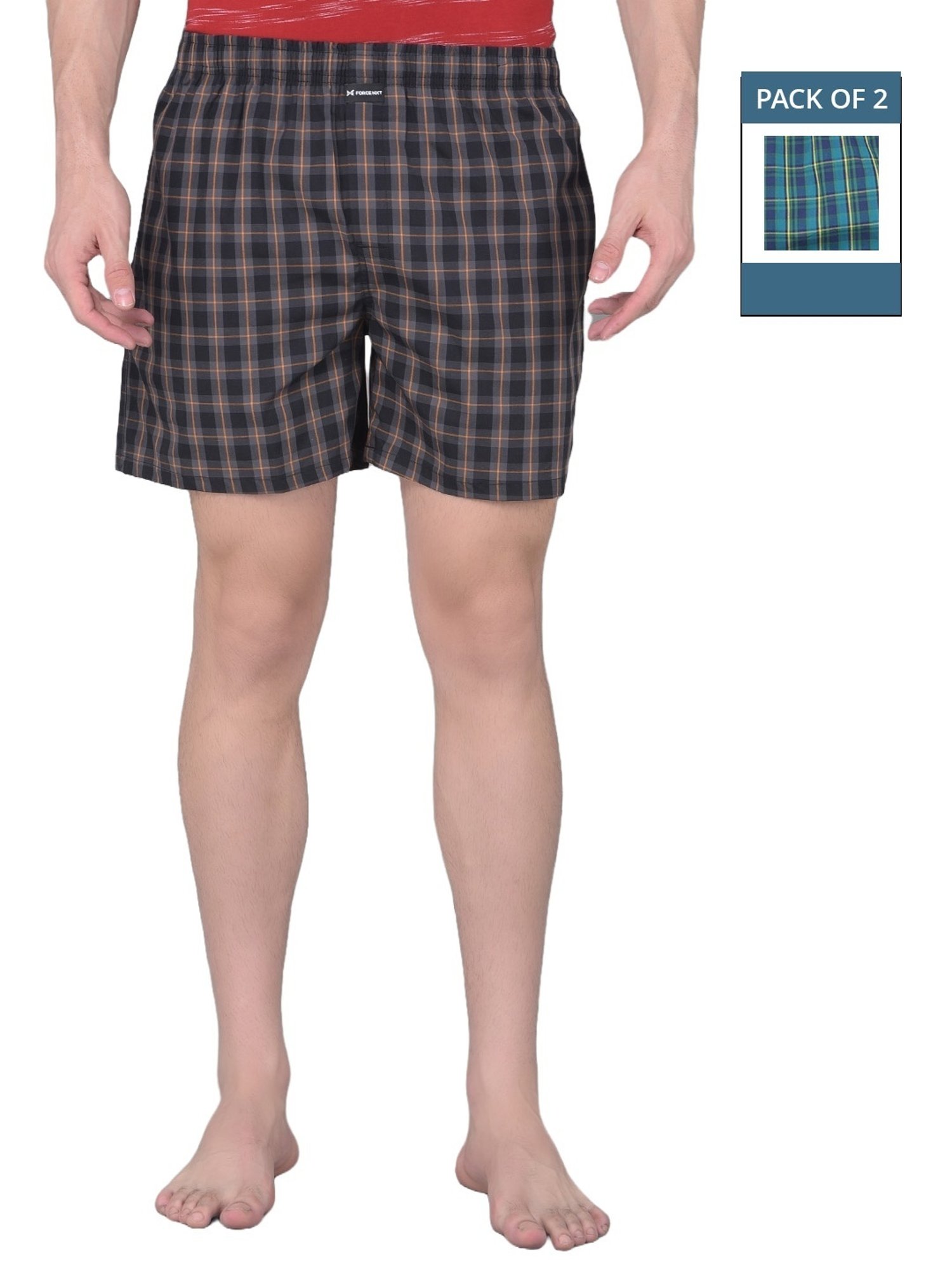 Force NXT Black & Blue Cotton Regular Fit Checks Boxers - Pack Of 2