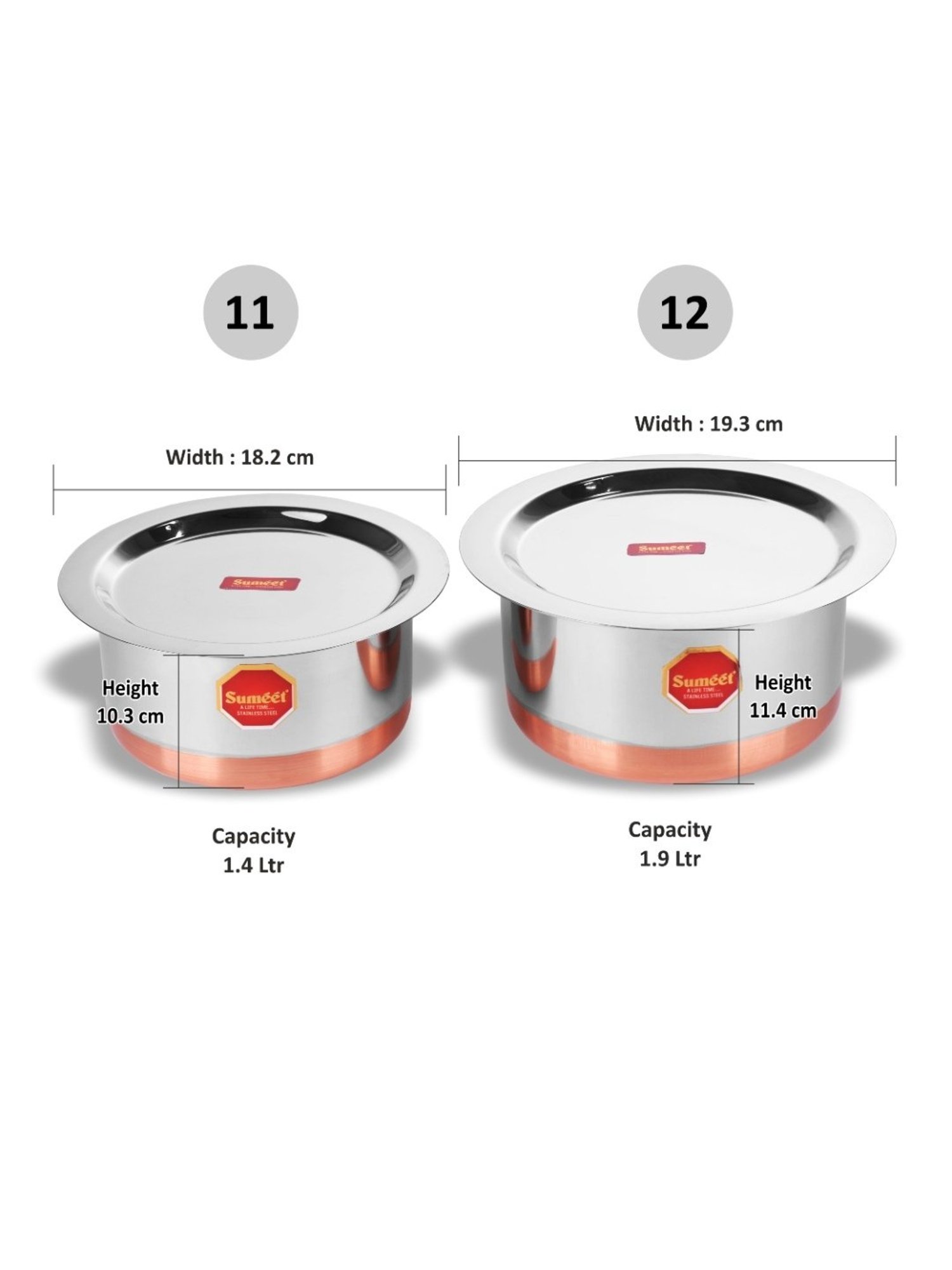 Sumeet S.S.Copper Bottom Cookware/Container/Tope Set Of 2Pc With Lids(No. 11-1.4 Ltr, No. 12-1.9Ltr)