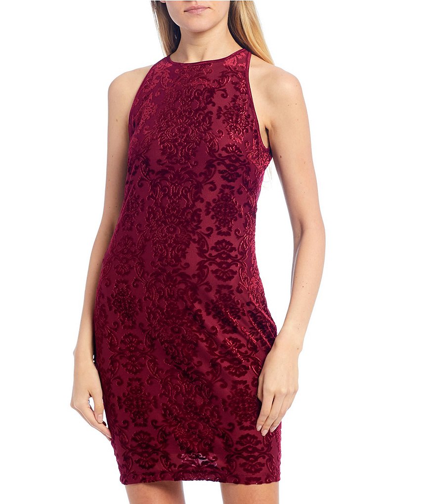 Blondie Nites High-Neck Shimmering Metallic Sheath Dress