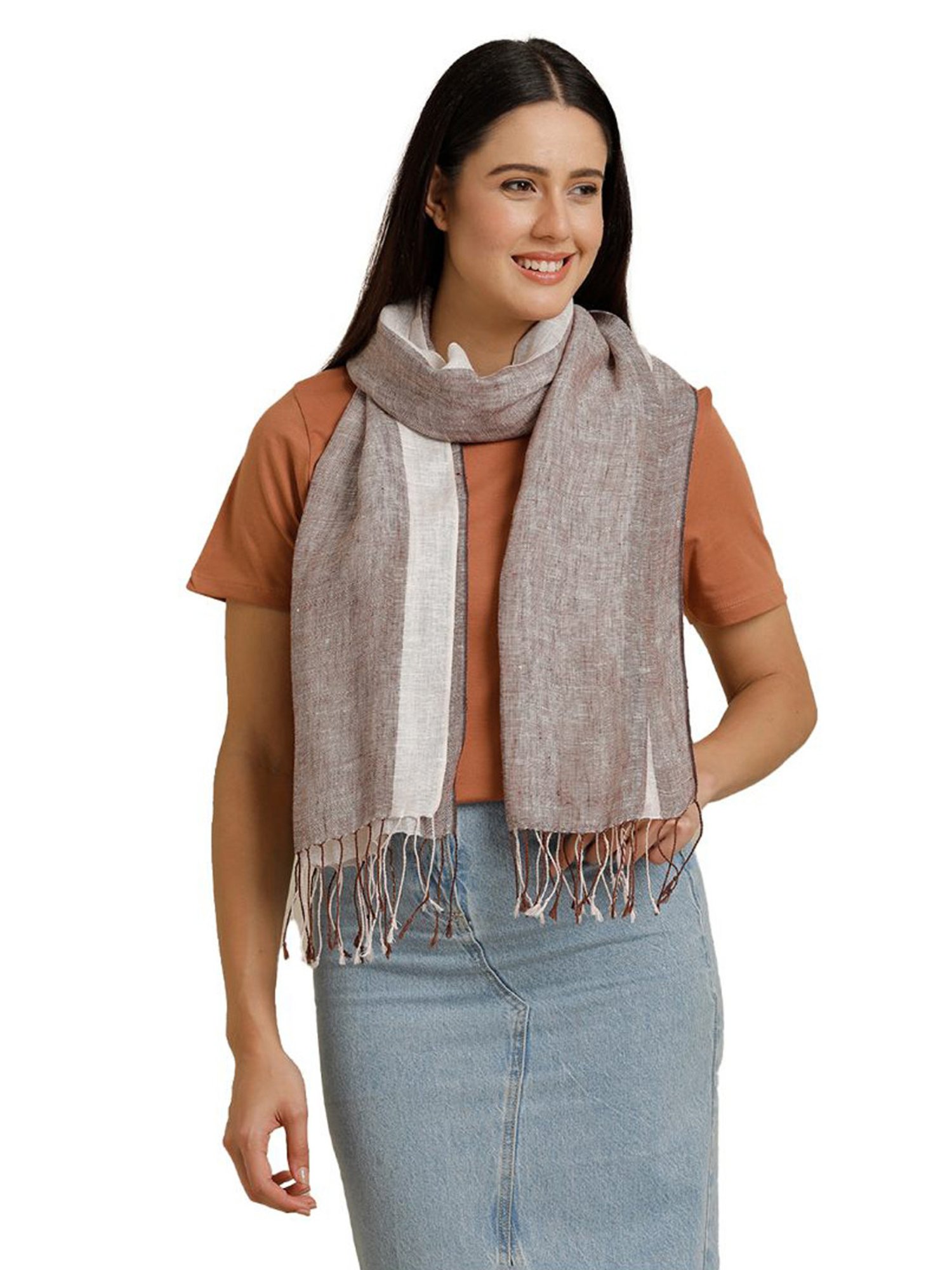 Linen Club Brown Striped Pure Linen Stole