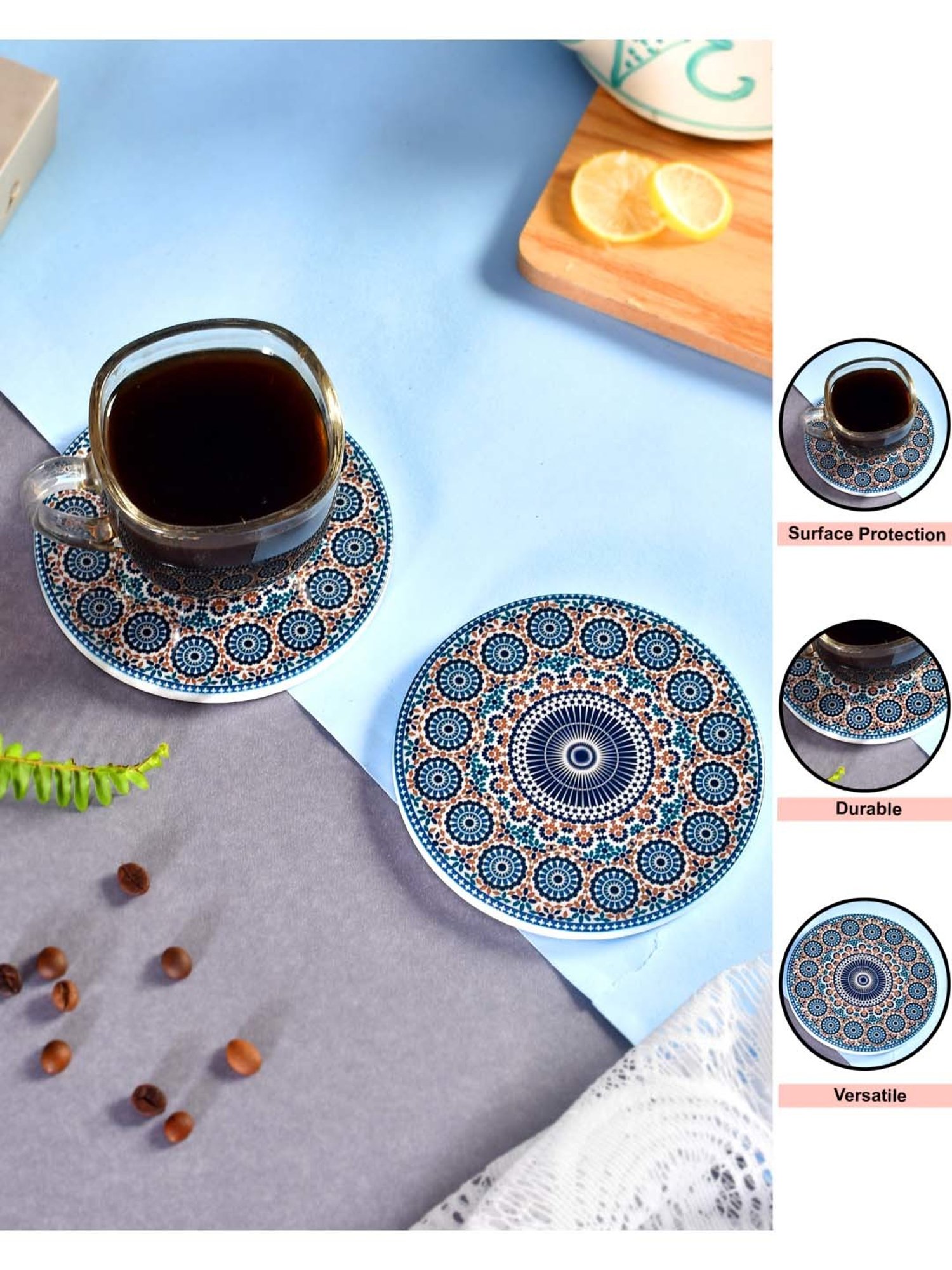 TAYHAA Blue Ceramic Exquisite Printed Coasters - Set of 2
