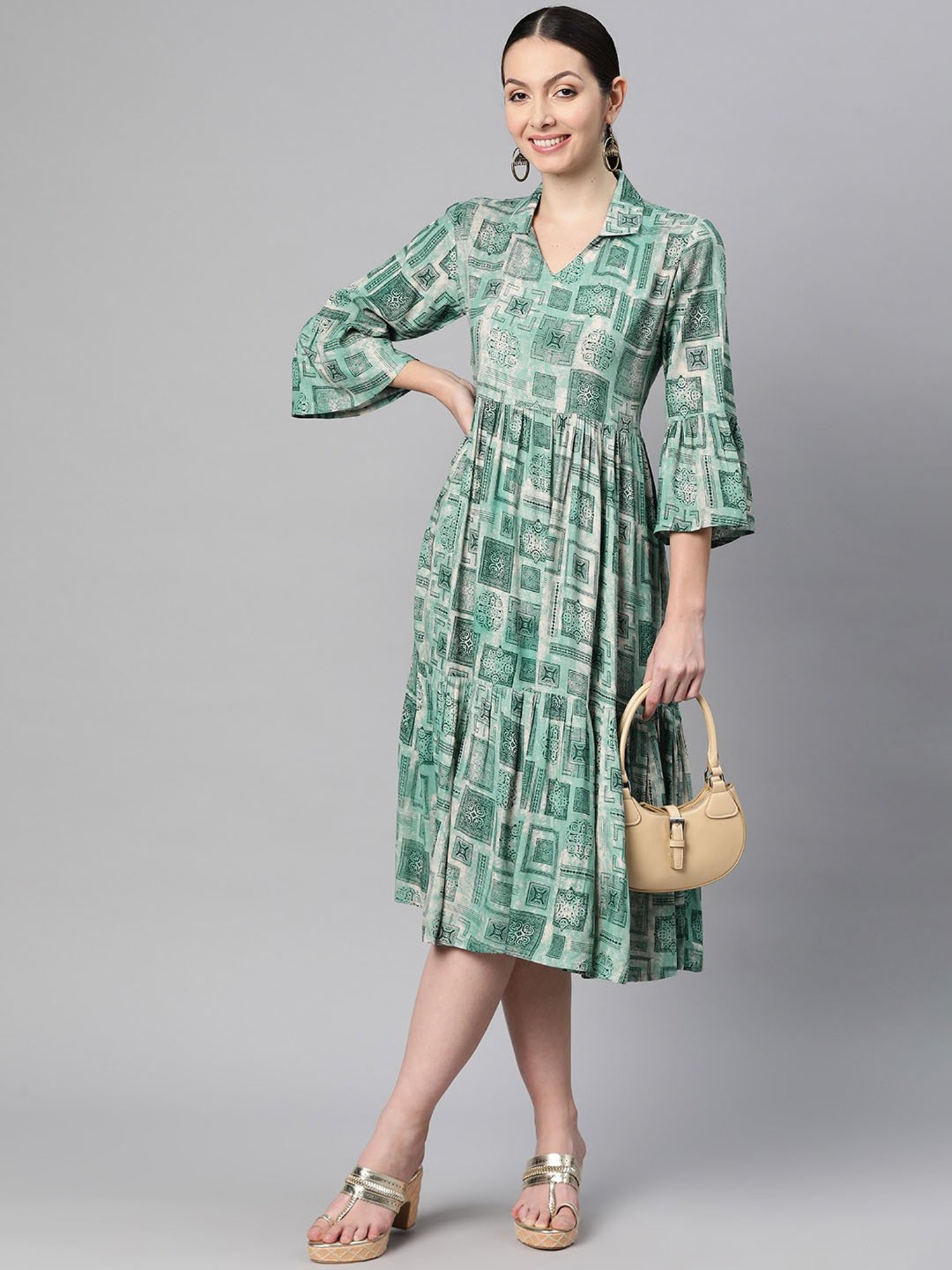 Indibelle Green Printed Ethnic Dress