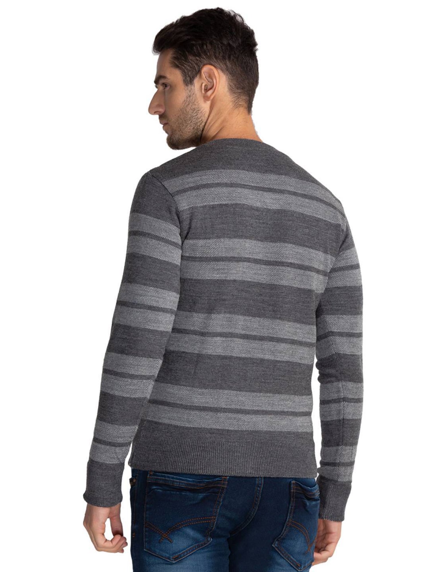 Parx Grey Regular Fit Striped Sweaters