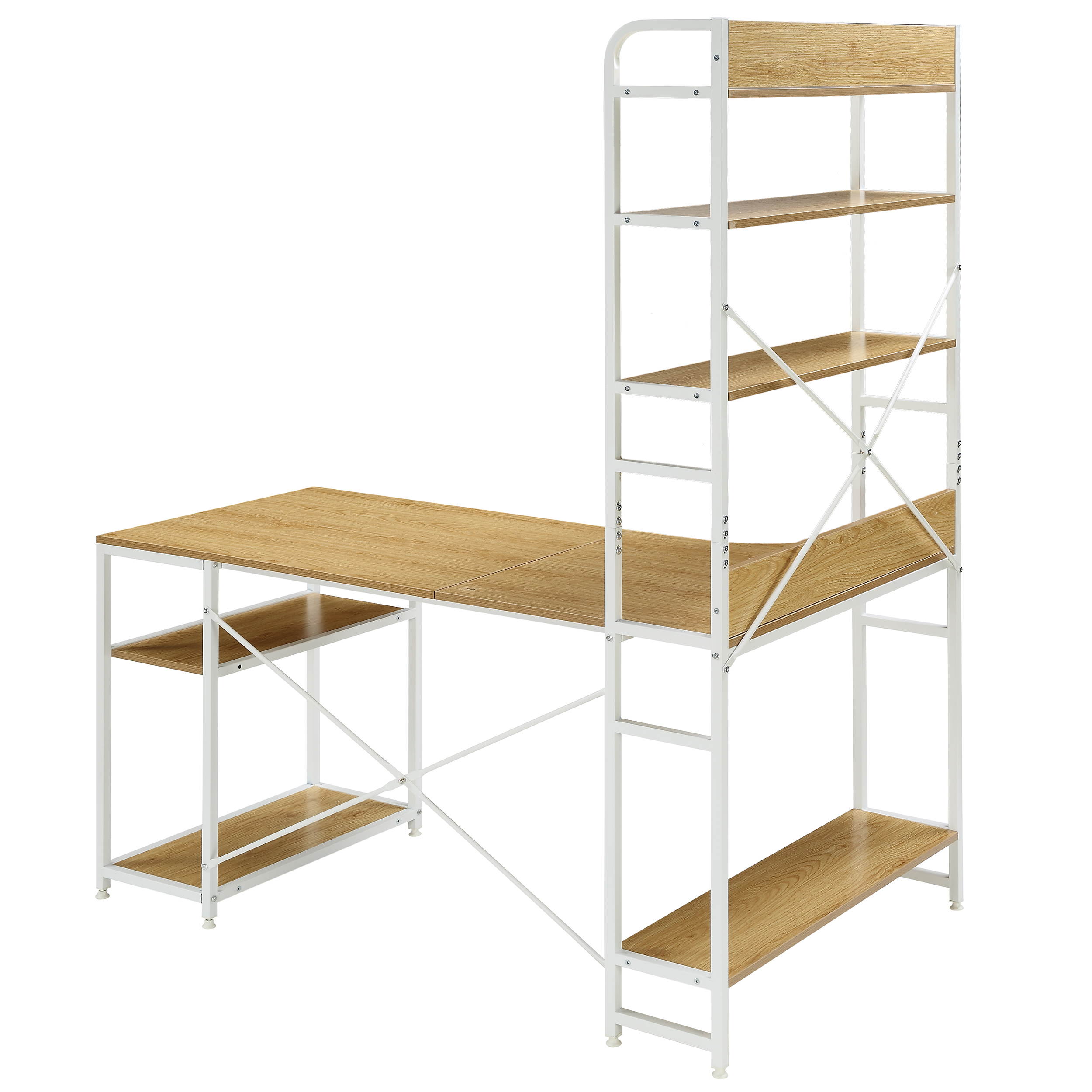 Home Office Computer Desk Gaming Desk with Steel frame and MDF Board,5 Tier Open Bookshelf,Plenty Storage Space