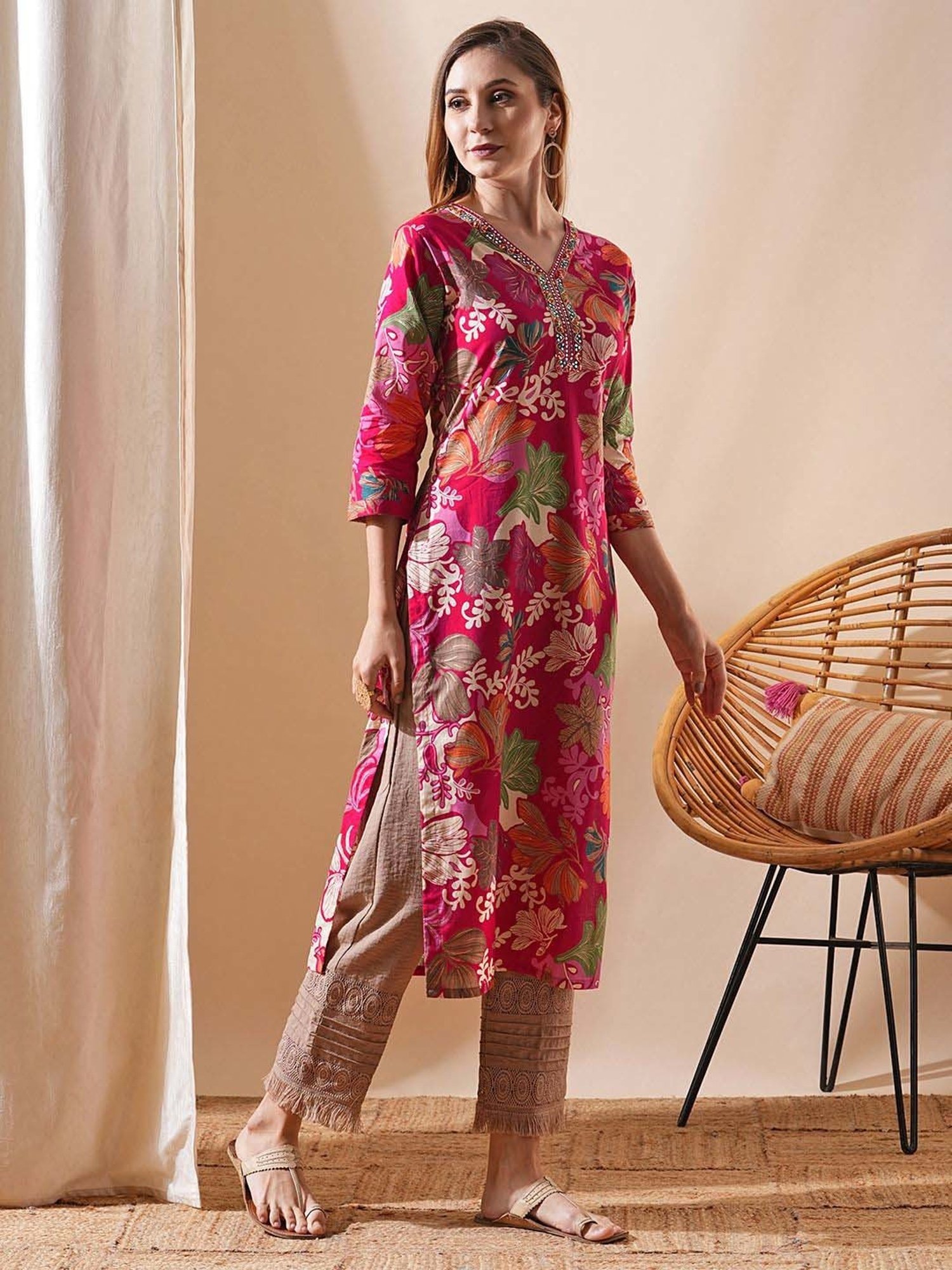 Fashor Pink Cotton Printed Straight Kurta
